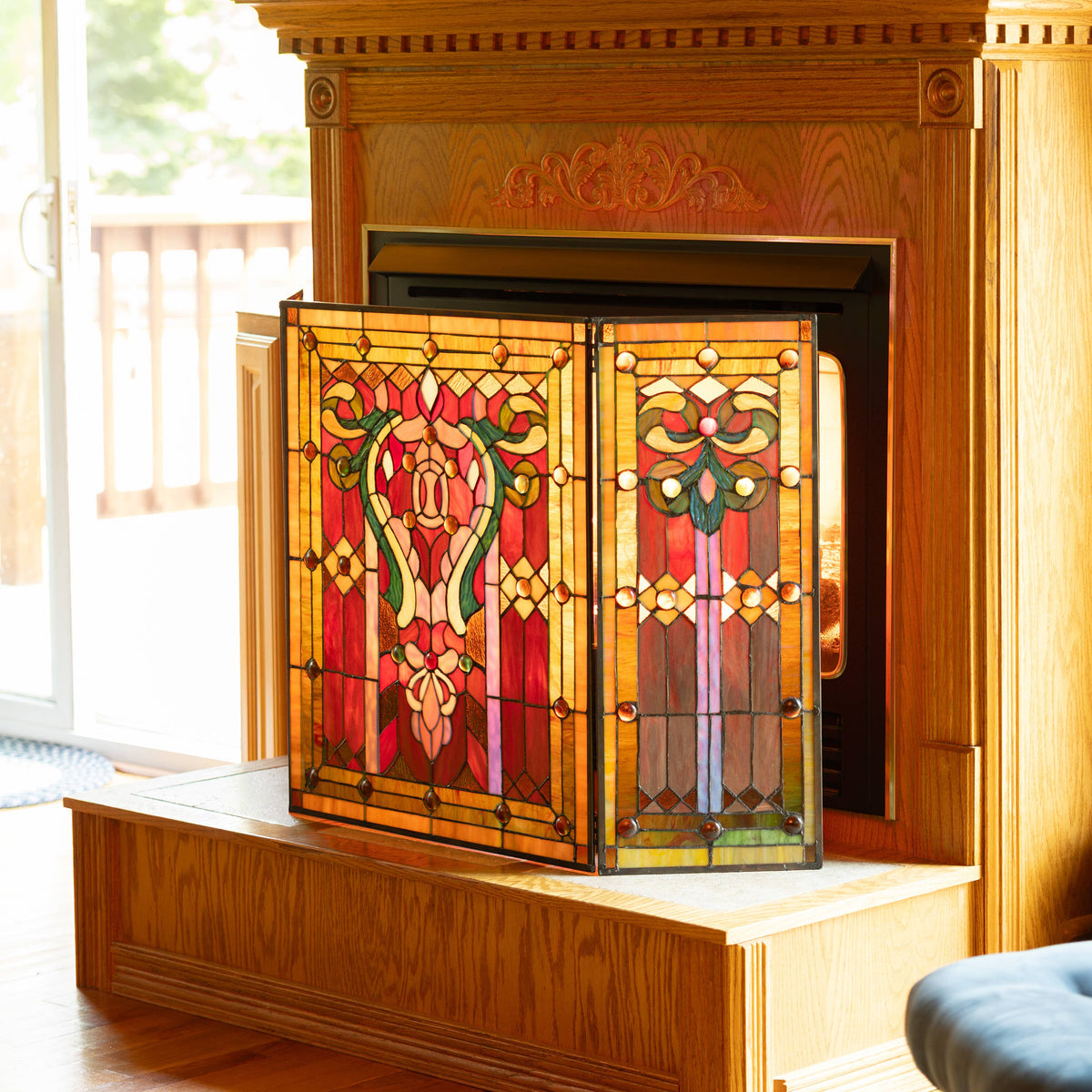 44" Fleur de Lis Stained Glass Fireplace Screen