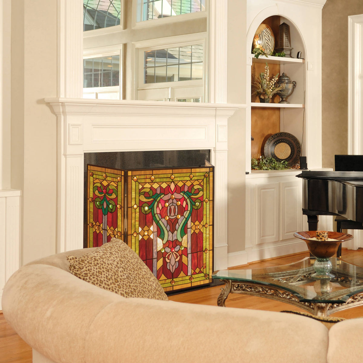 44" Fleur de Lis Stained Glass Fireplace Screen