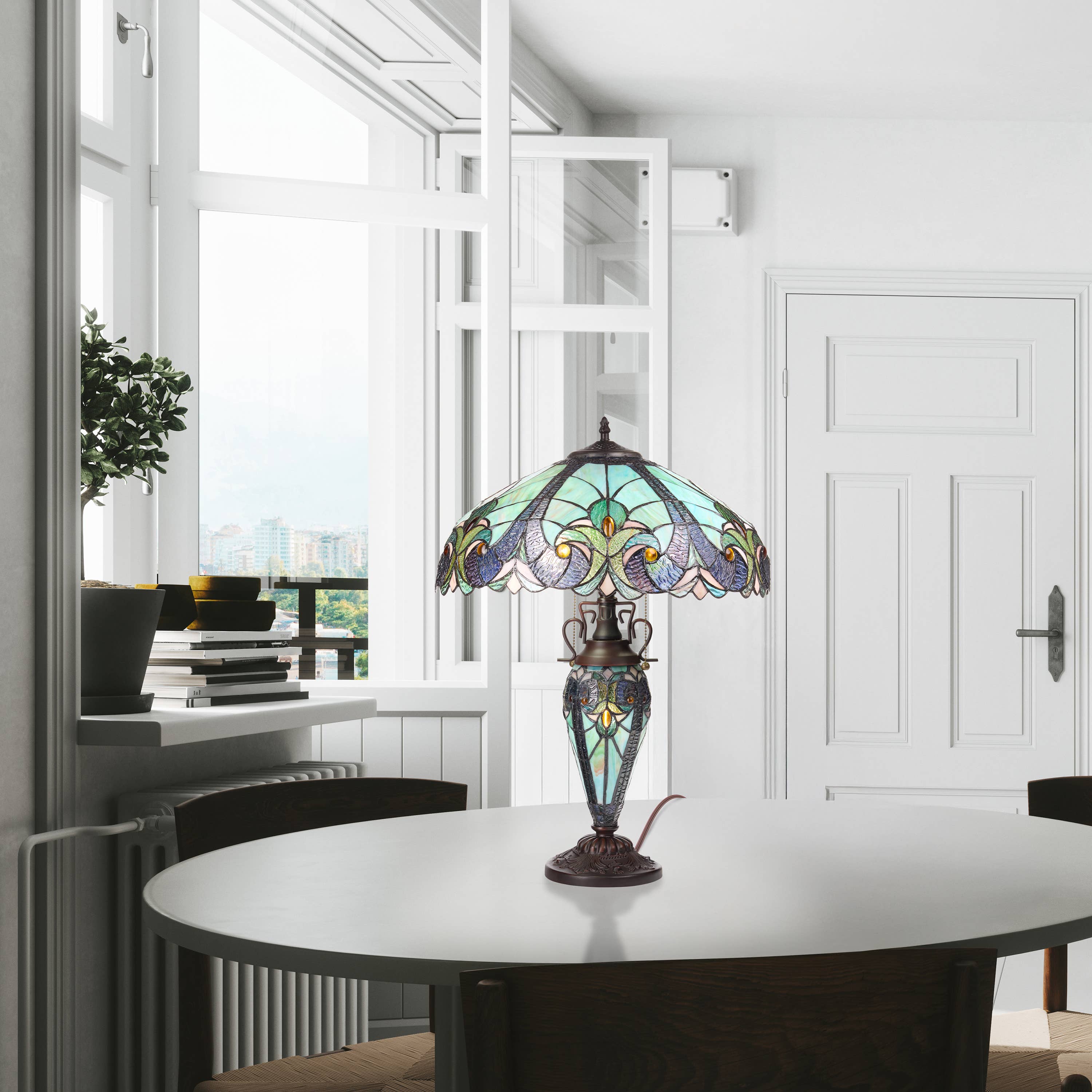 24.5"H Double Lit Teal Bowl Shade Stained Glass Table Lamp