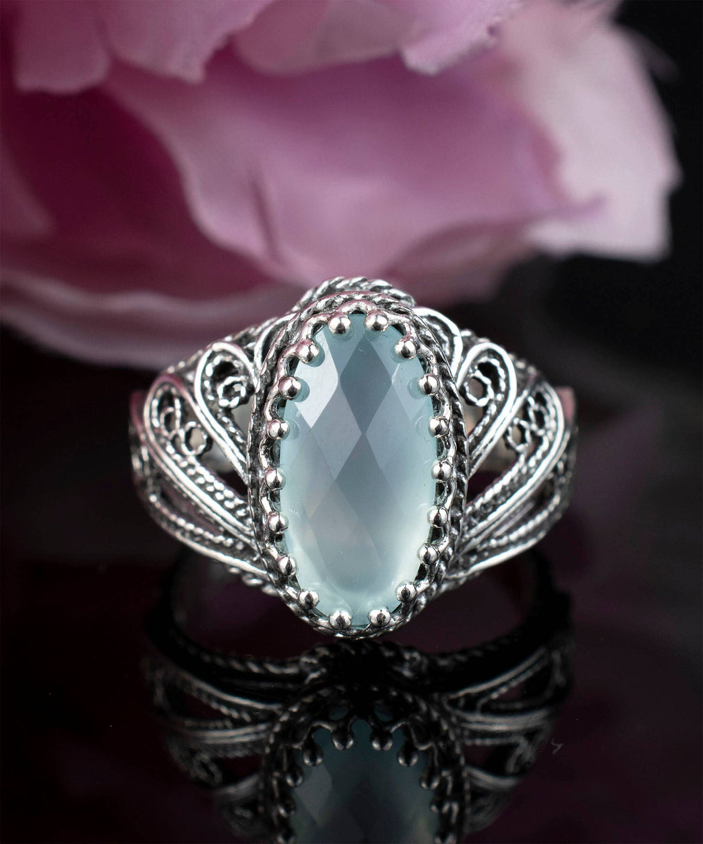 Filigree Art Aqua Chalcedony Gemstone Angel Wings Women Sterling Silver Ring: Aqua Chalcedony / 7