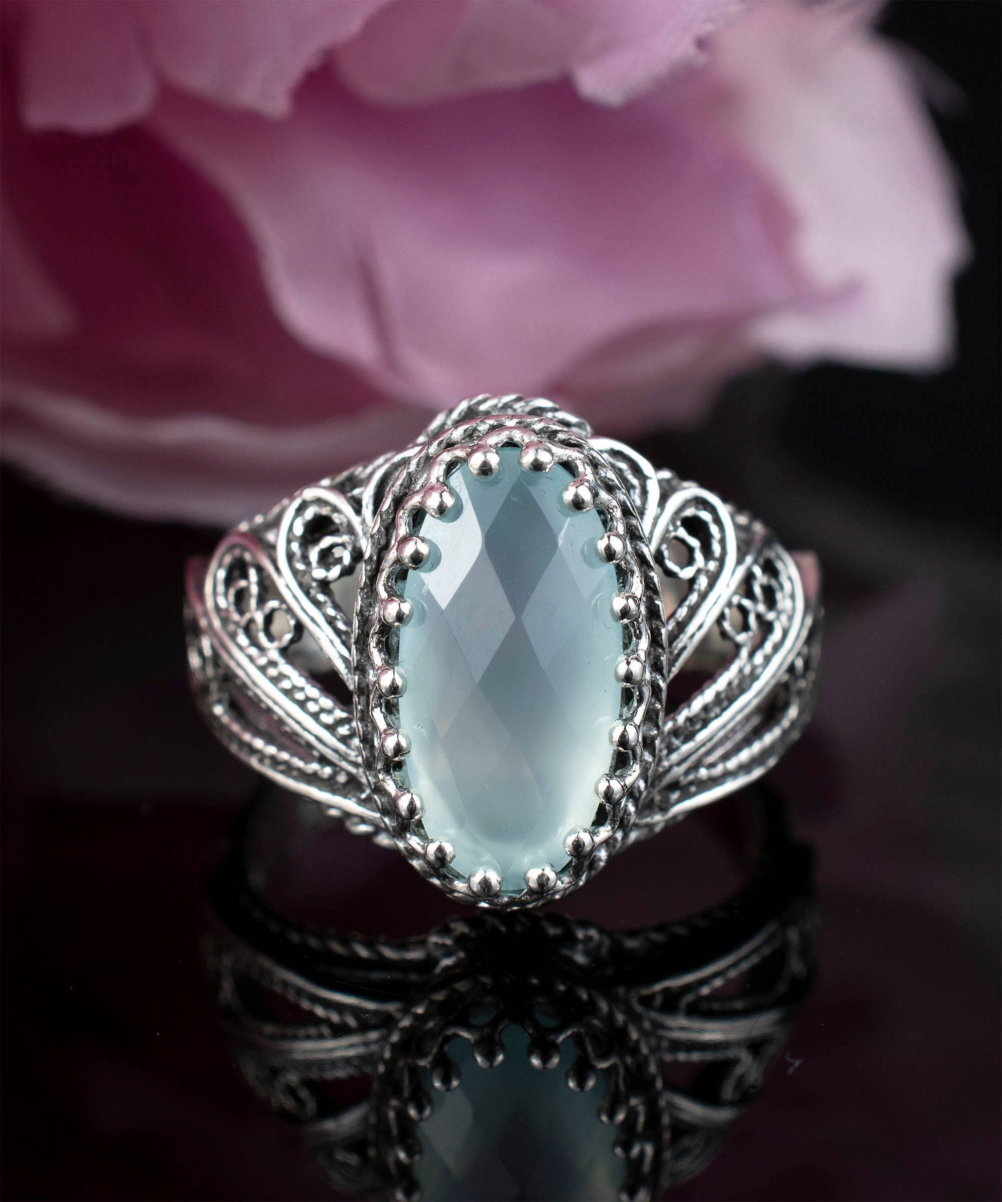 Filigree Art Aqua Chalcedony Gemstone Angel Wings Women Sterling Silver Ring: Aqua Chalcedony / 7