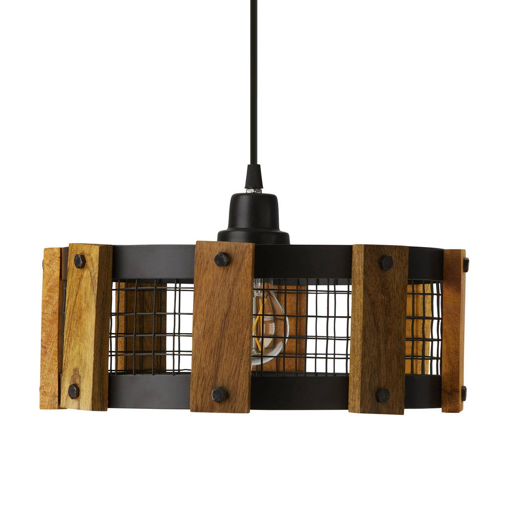12"W Black Painted Metal Pendant Light with Wood Shade