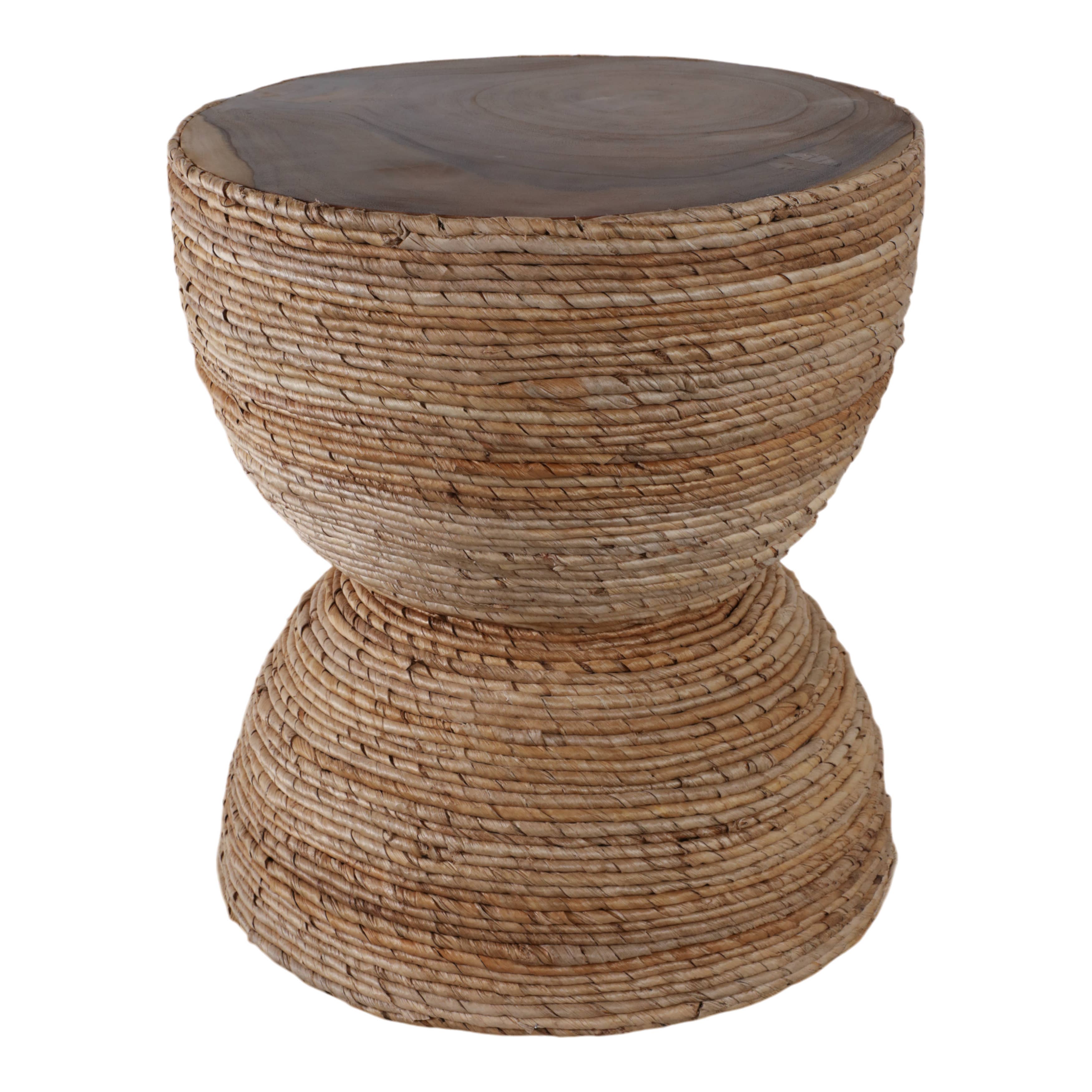 End Table - Brown Wood Woven Banana Leaf Design, 18 in.