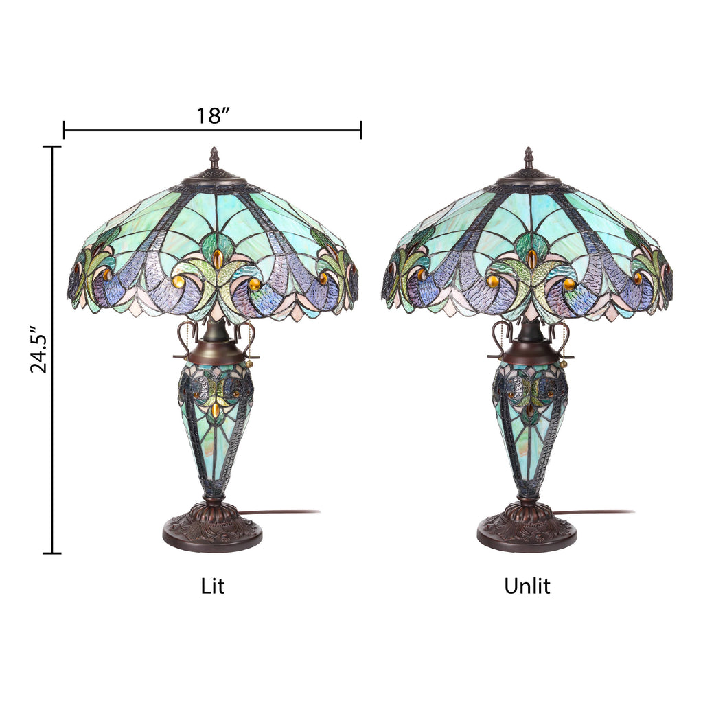24.5"H Double Lit Teal Bowl Shade Stained Glass Table Lamp