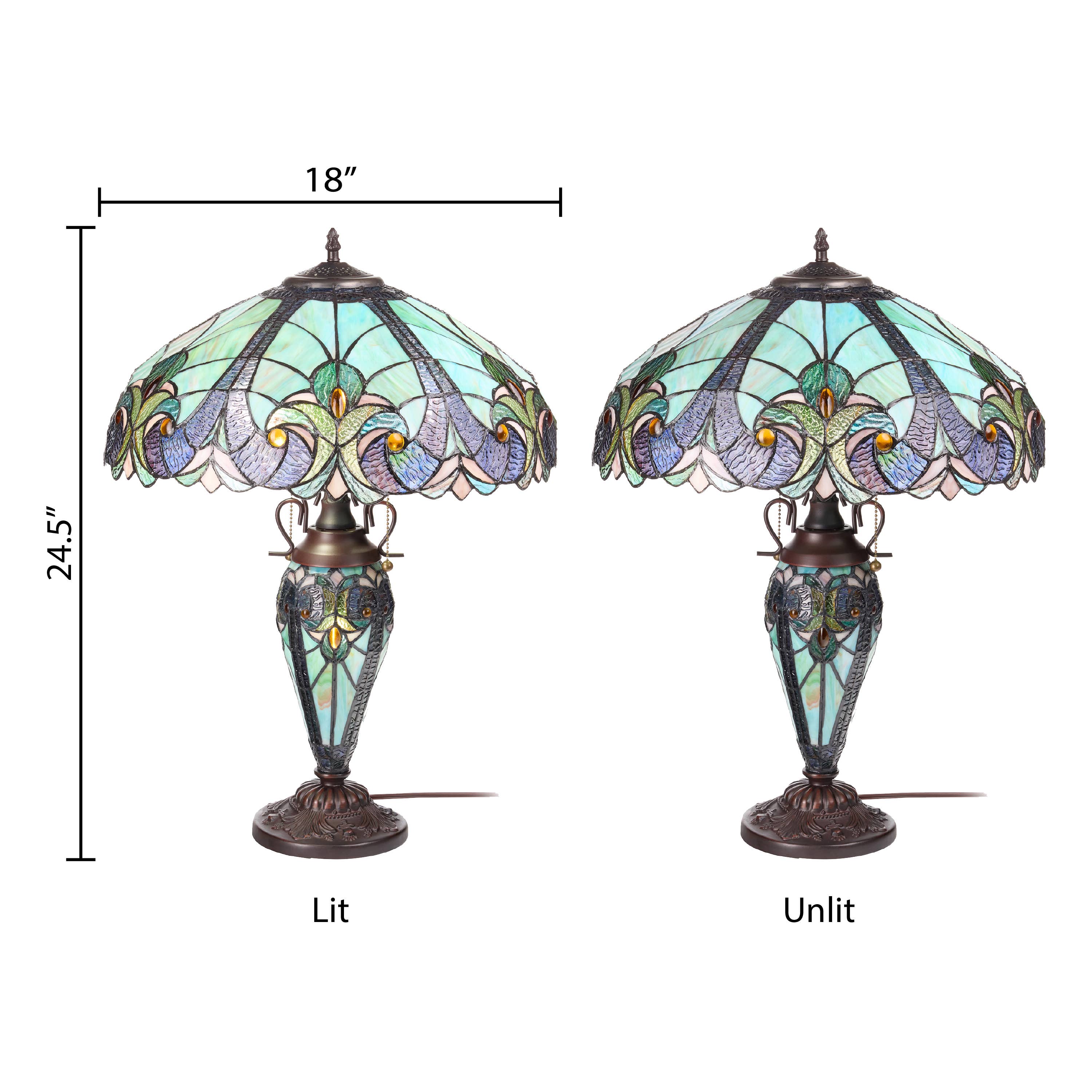 24.5"H Double Lit Teal Bowl Shade Stained Glass Table Lamp