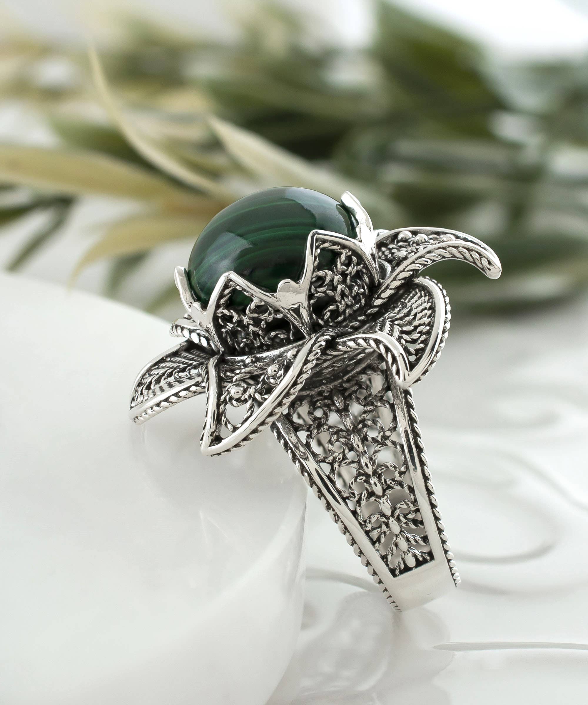Art Lotus Flower Malachite Gemstone Women Silver Ring: 7