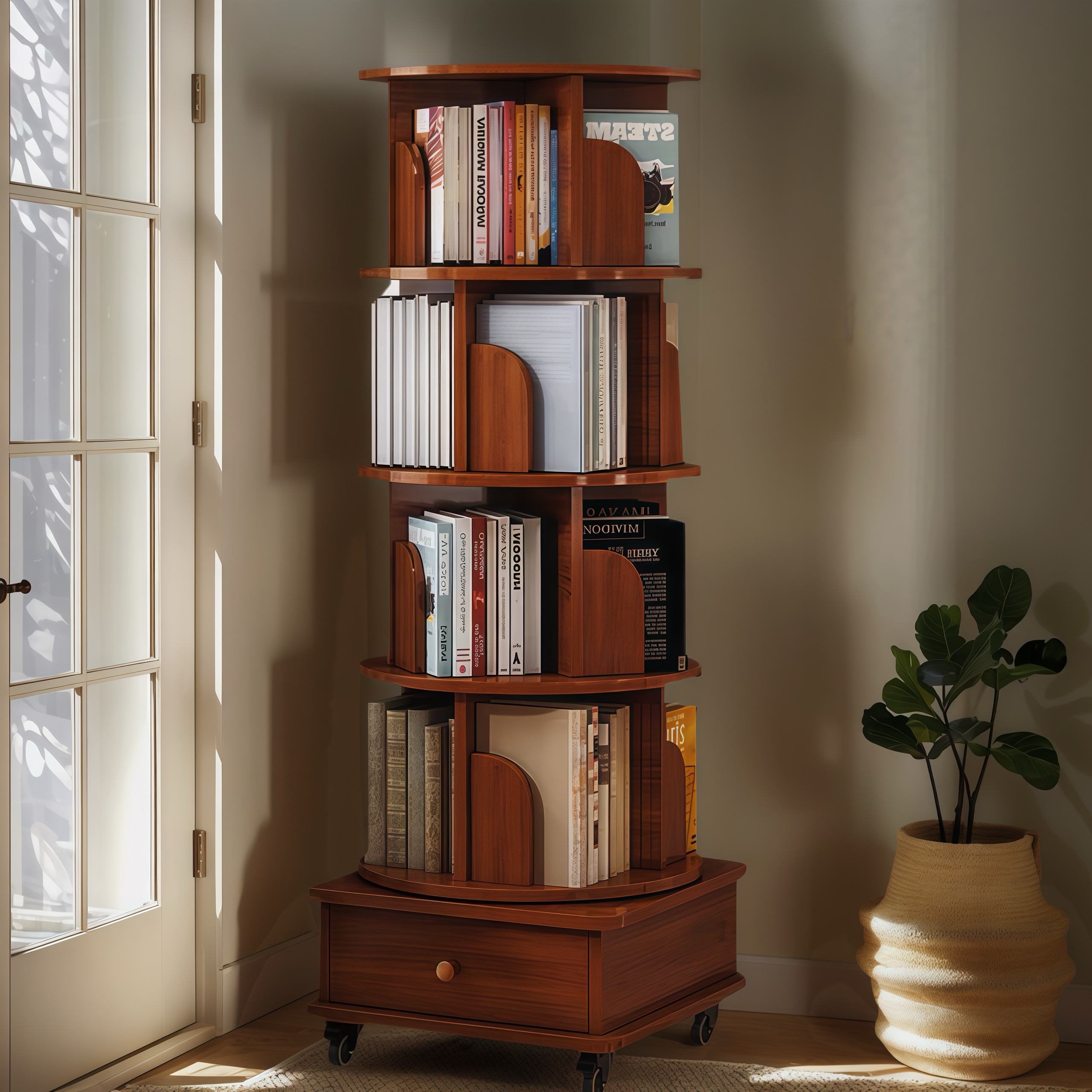 Rotating Wooden Bookcase with Storage Drawer,Swivel Design: White / 5-Tier