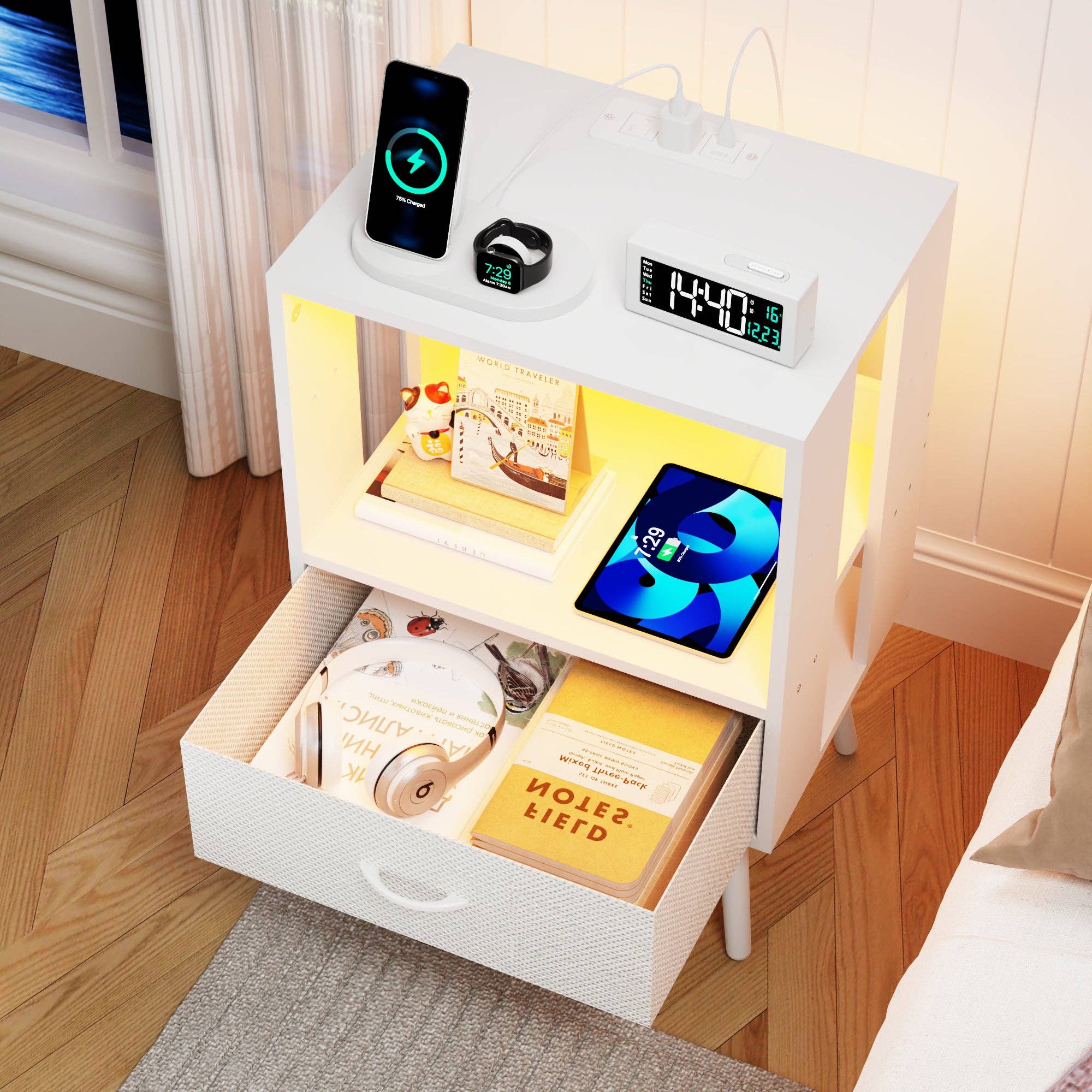 2-Pack Modern Nightstand with Charging Station, White: Default
