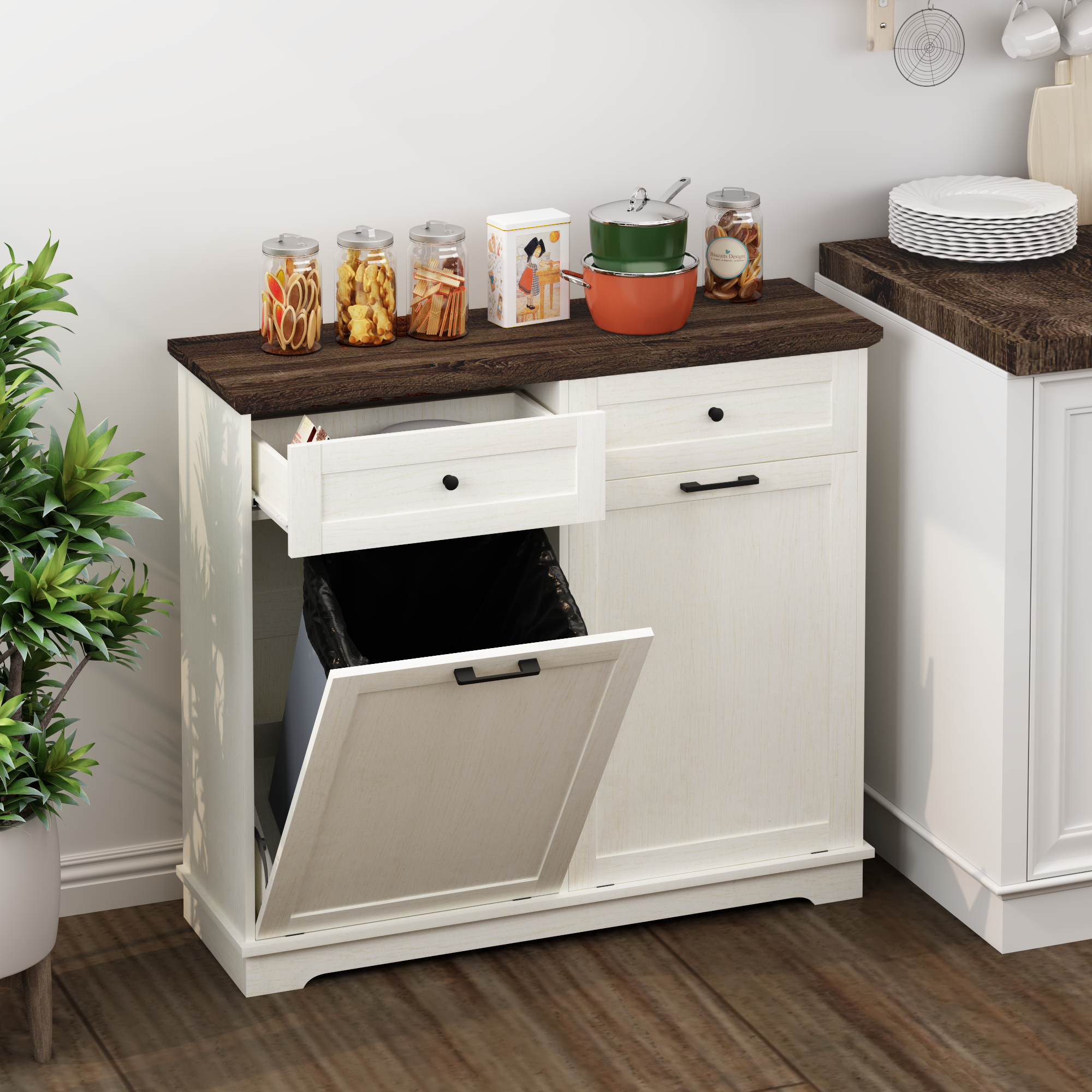 20 Gallon Double Tilt Out Trash Can Cabinet Freestanding Trash Bin Cabinet Wood Garbage Recycling Cabinet with Hideaway Drawer Pet Proof Trash Can Holder for Kitchen Living Room, Antique White: Default