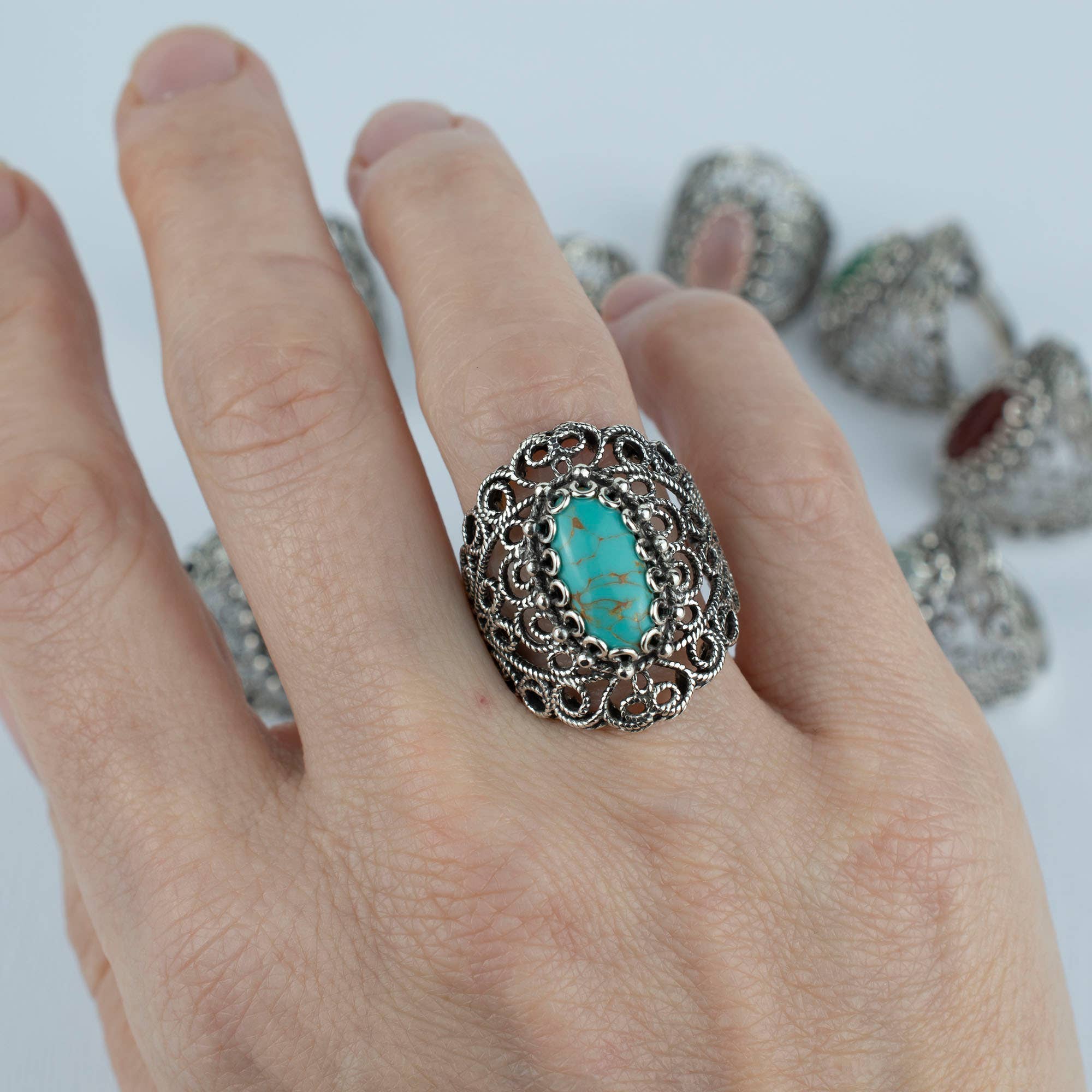 Art Teal Turquoise Gemstone Women Silver Ring: Turquoise / 7