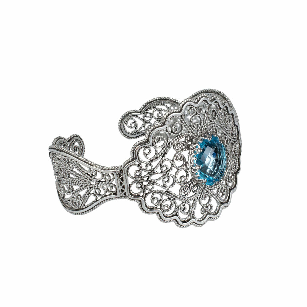 Sterling Silver Filigree Art Blue Topaz Gemstone Lace Detailed Women Cuff Bracelet: Blue Topaz