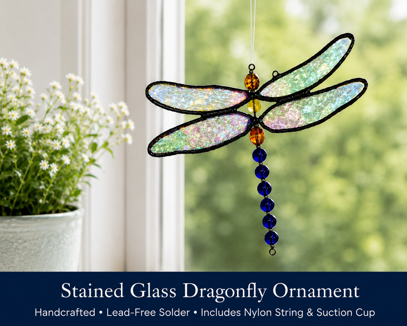 J Devlin Stained Glass Dragonfly Ornament with Beaded Body