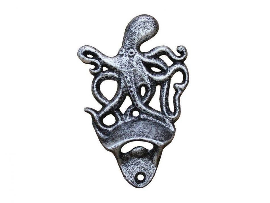 Antique Silver Cast Iron Wall Mounted Octopus Bottle Opener 6"