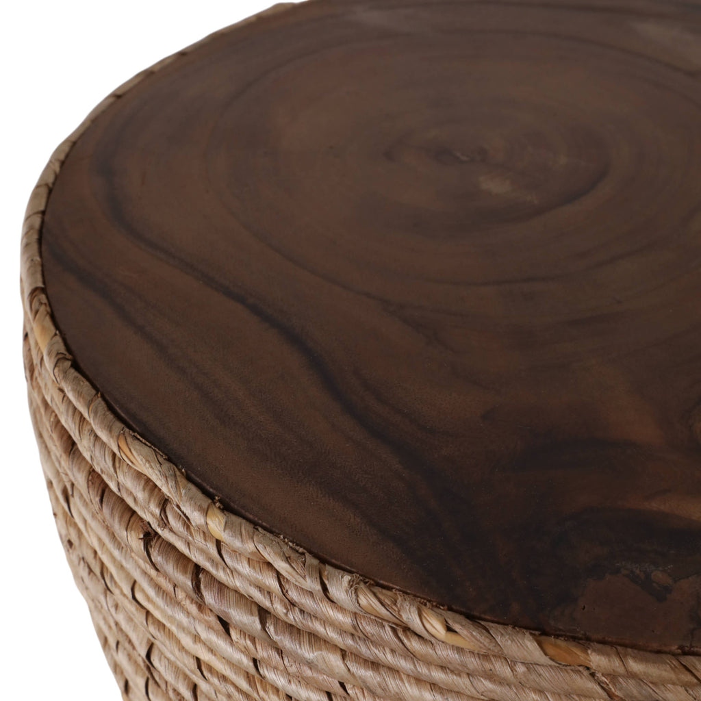 End Table - Brown Wood Woven Banana Leaf Design, 18 in.