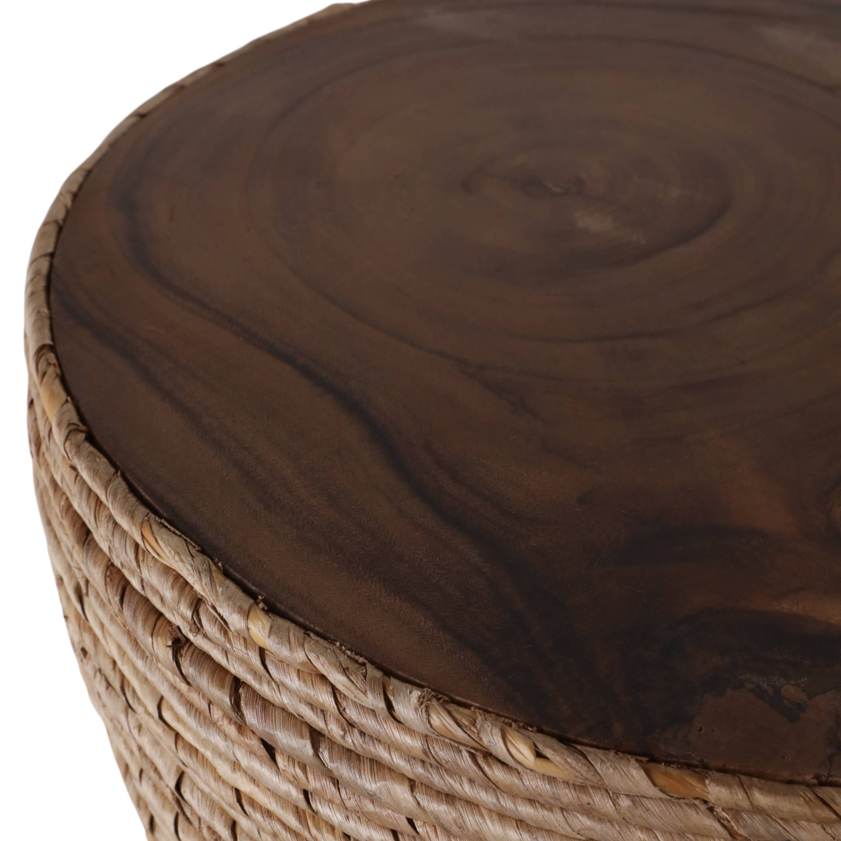 End Table - Brown Wood Woven Banana Leaf Design, 18 in.