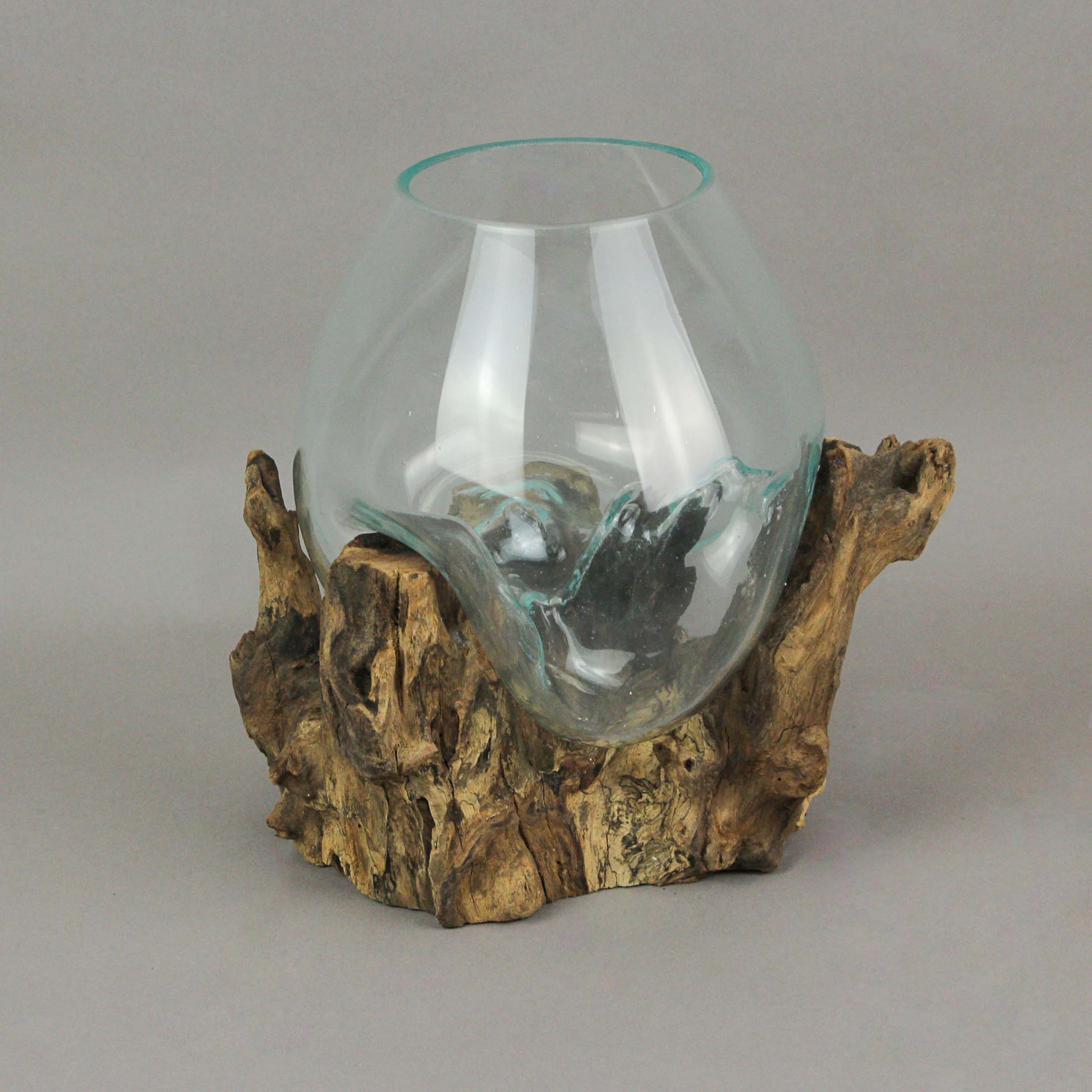 Large Molten Glass Bowl On Natural Driftwood Base