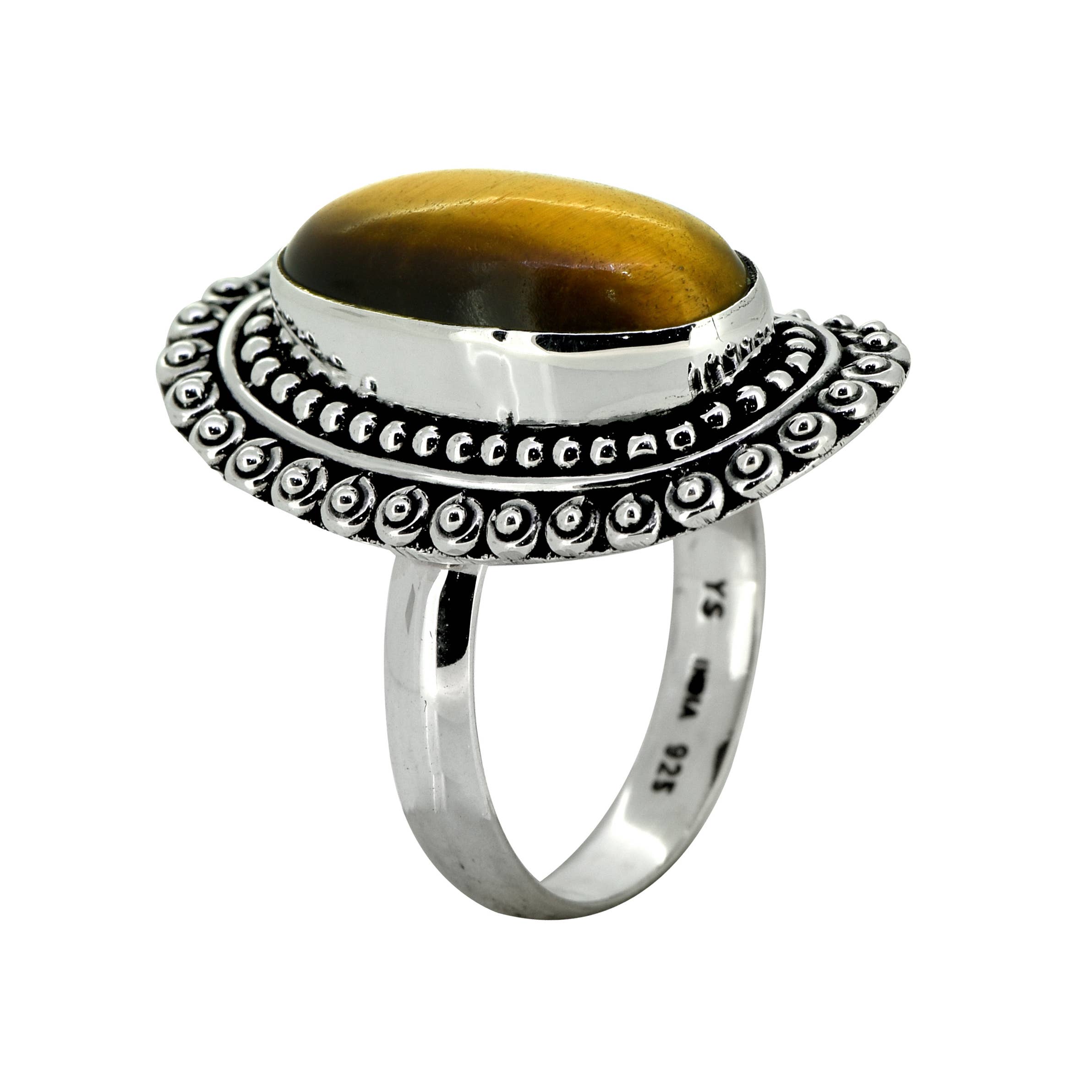 925 Sterling Silver Tiger Eye Gemstone Bohemian Ring: 7