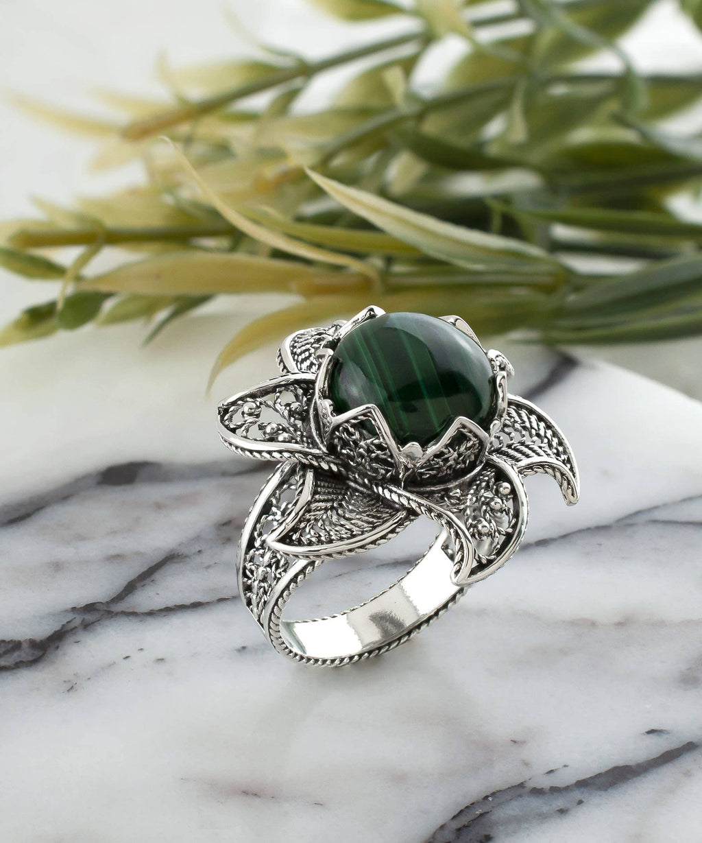 Art Lotus Flower Malachite Gemstone Women Silver Ring: 7