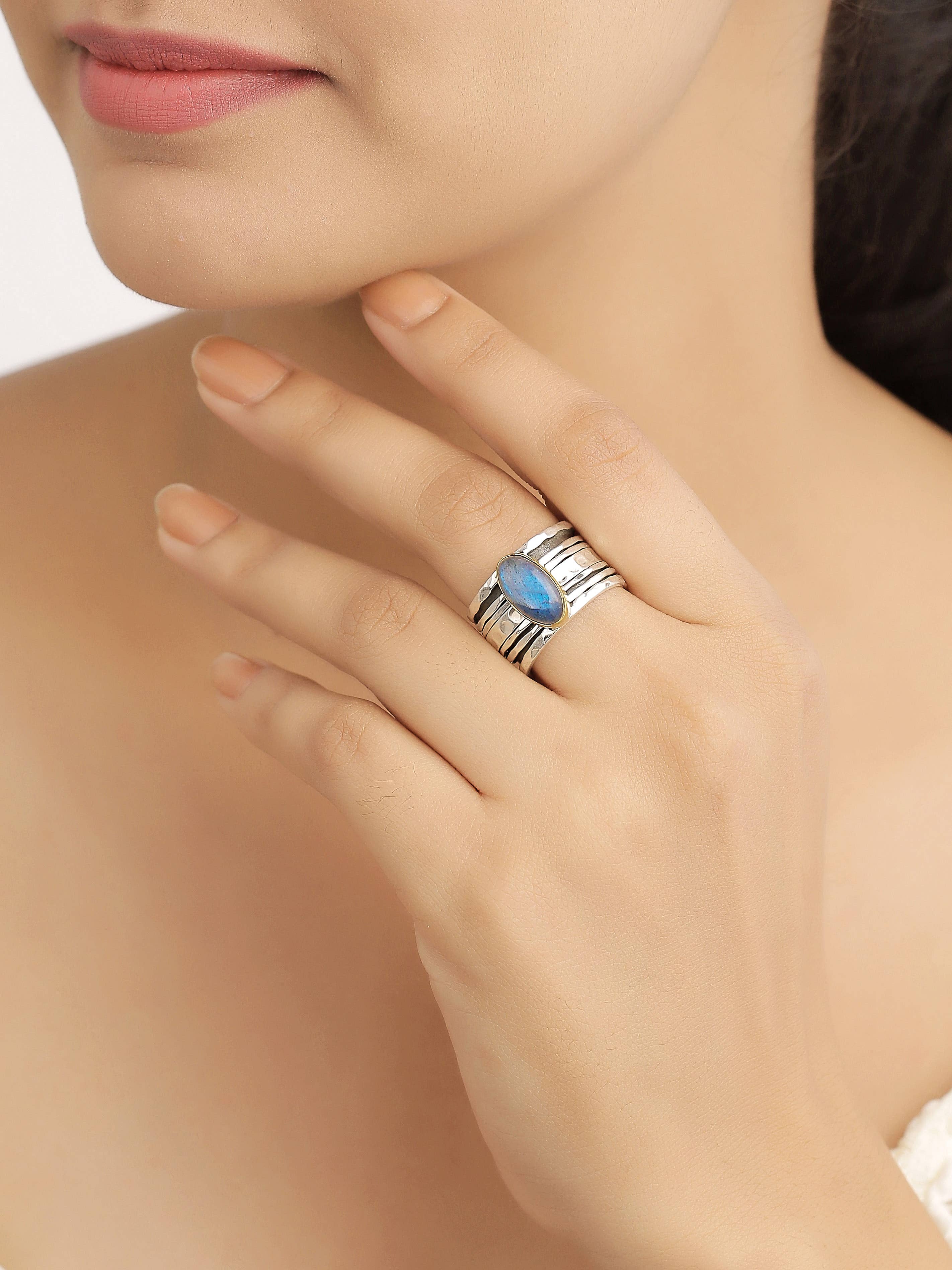 Labradorite 925 Sterling Silver Brass Spinner Ring: 8