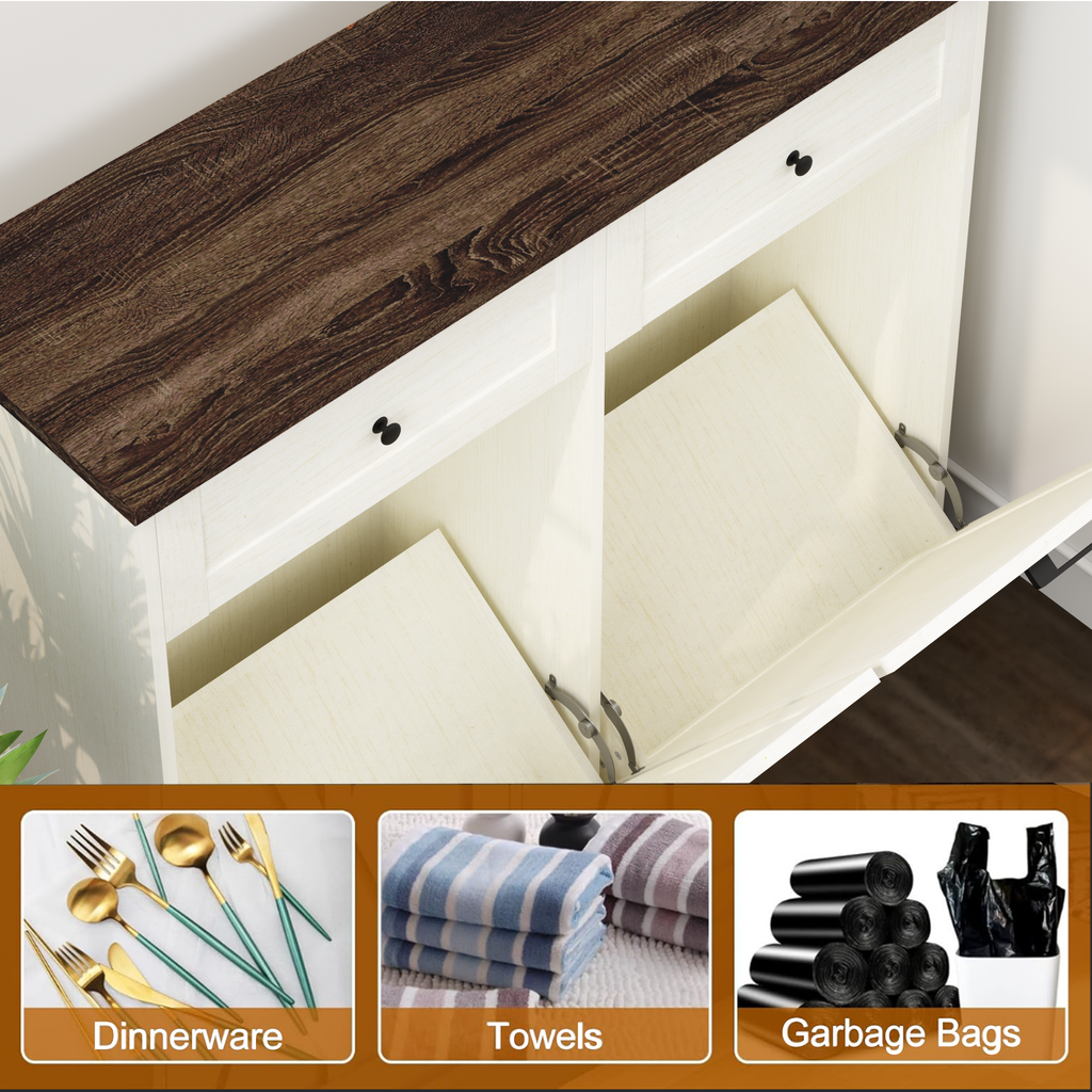 20 Gallon Double Tilt Out Trash Can Cabinet Freestanding Trash Bin Cabinet Wood Garbage Recycling Cabinet with Hideaway Drawer Pet Proof Trash Can Holder for Kitchen Living Room, Antique White: Default