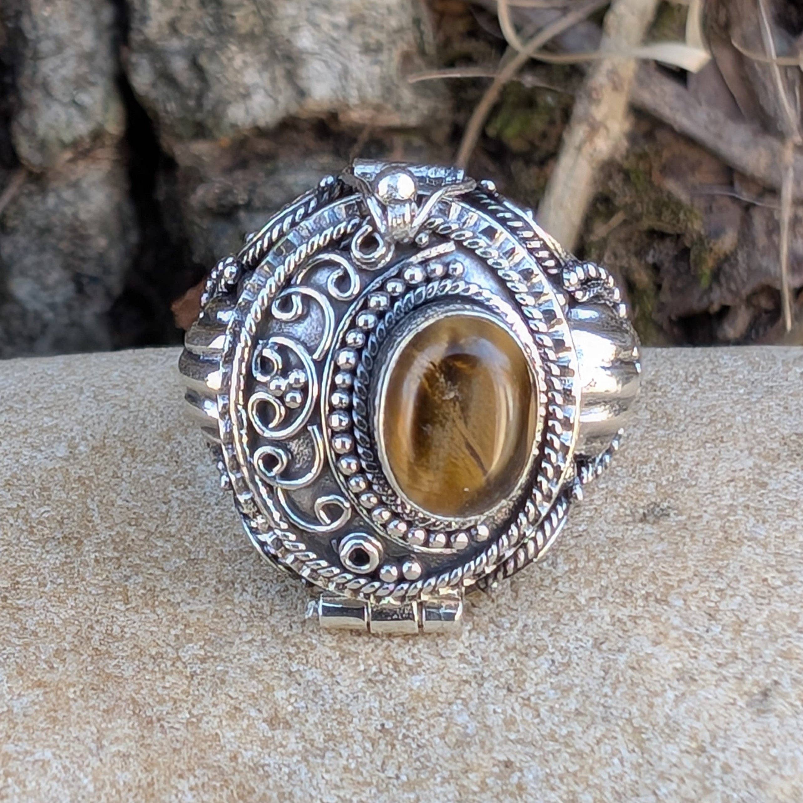 Medieval Eye - Gemstone Poison Box Locket Ring in Sterling Silver: Tiger Eye / 7
