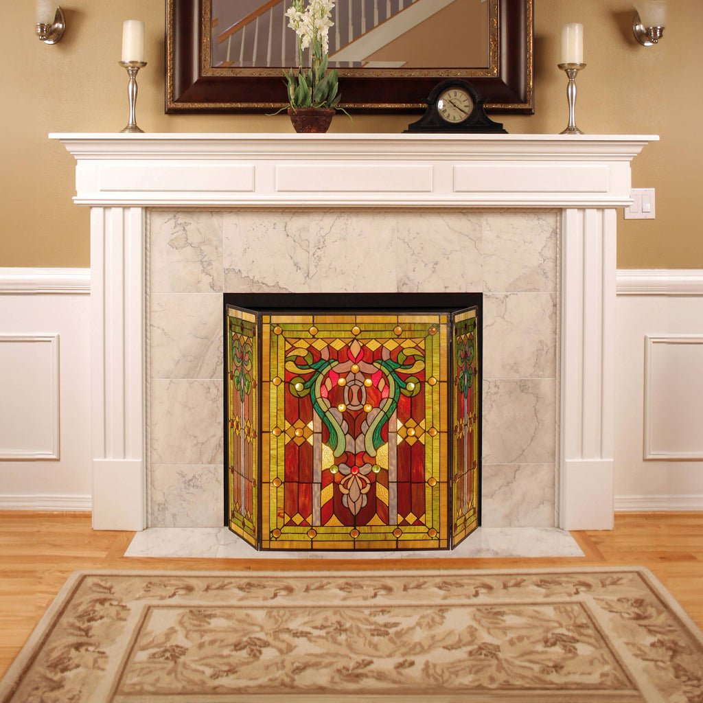 44" Fleur de Lis Stained Glass Fireplace Screen