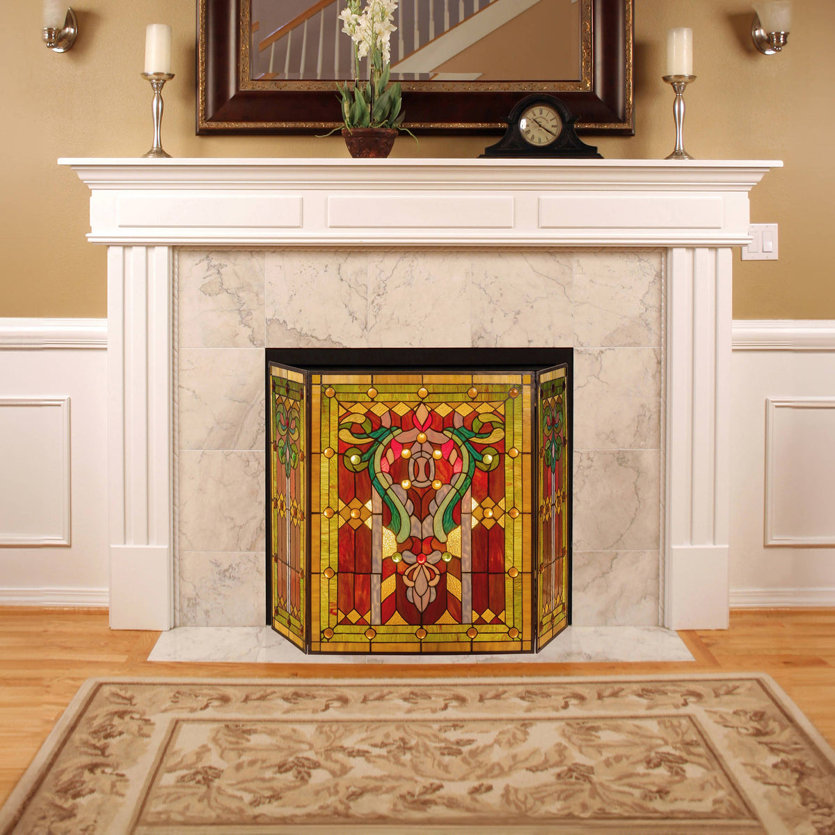 44" Fleur de Lis Stained Glass Fireplace Screen