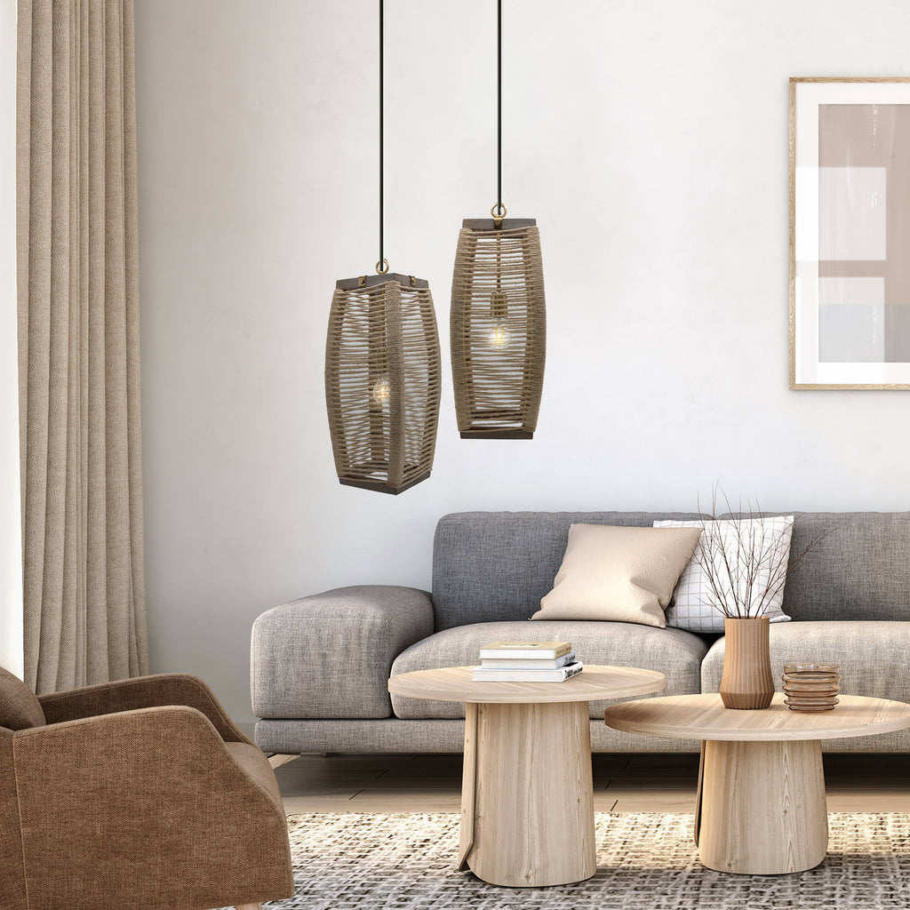 20"H Thalia Beige Cylinder 1-Light Rope Hanging Pendant Lamp
