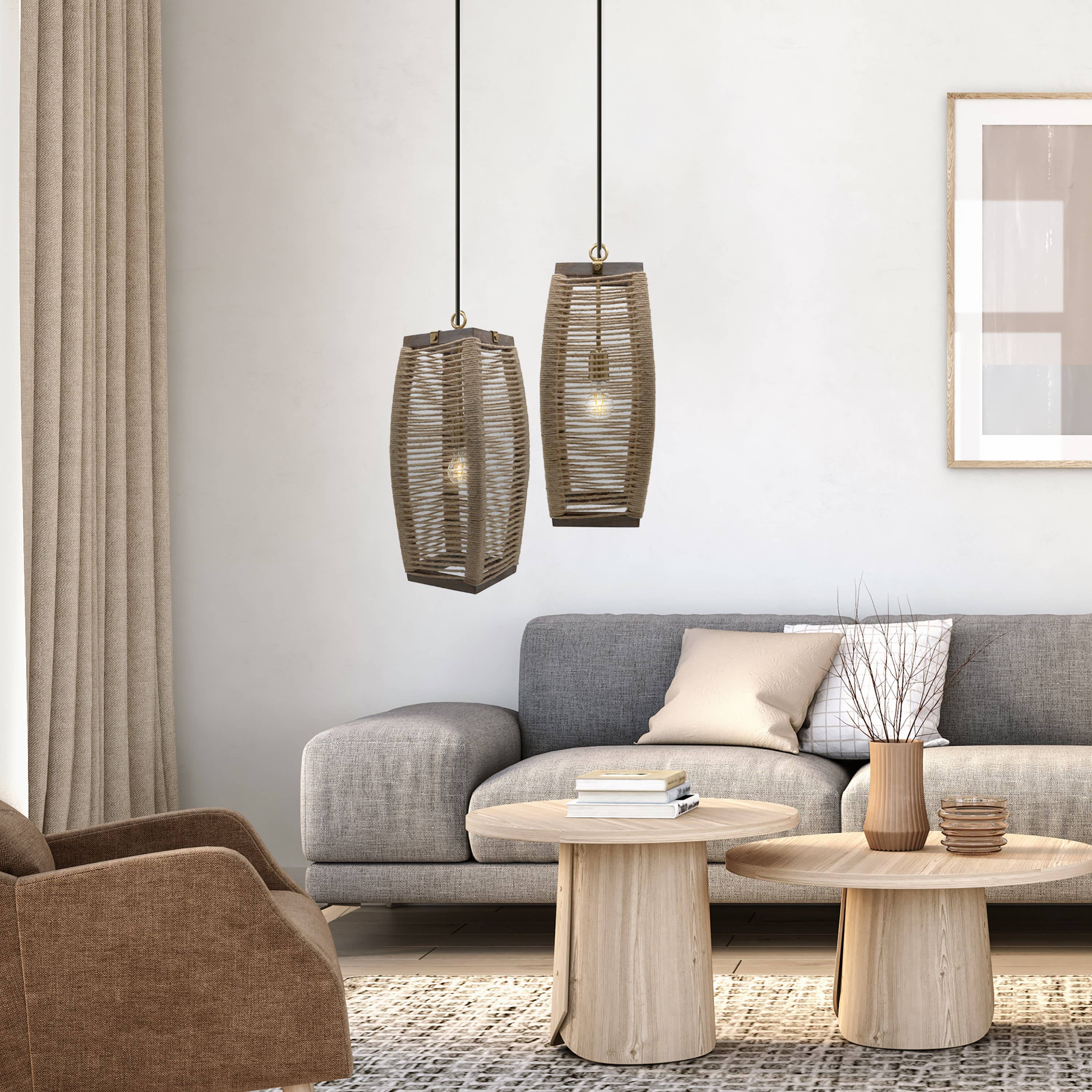 20"H Thalia Beige Cylinder 1-Light Rope Hanging Pendant Lamp
