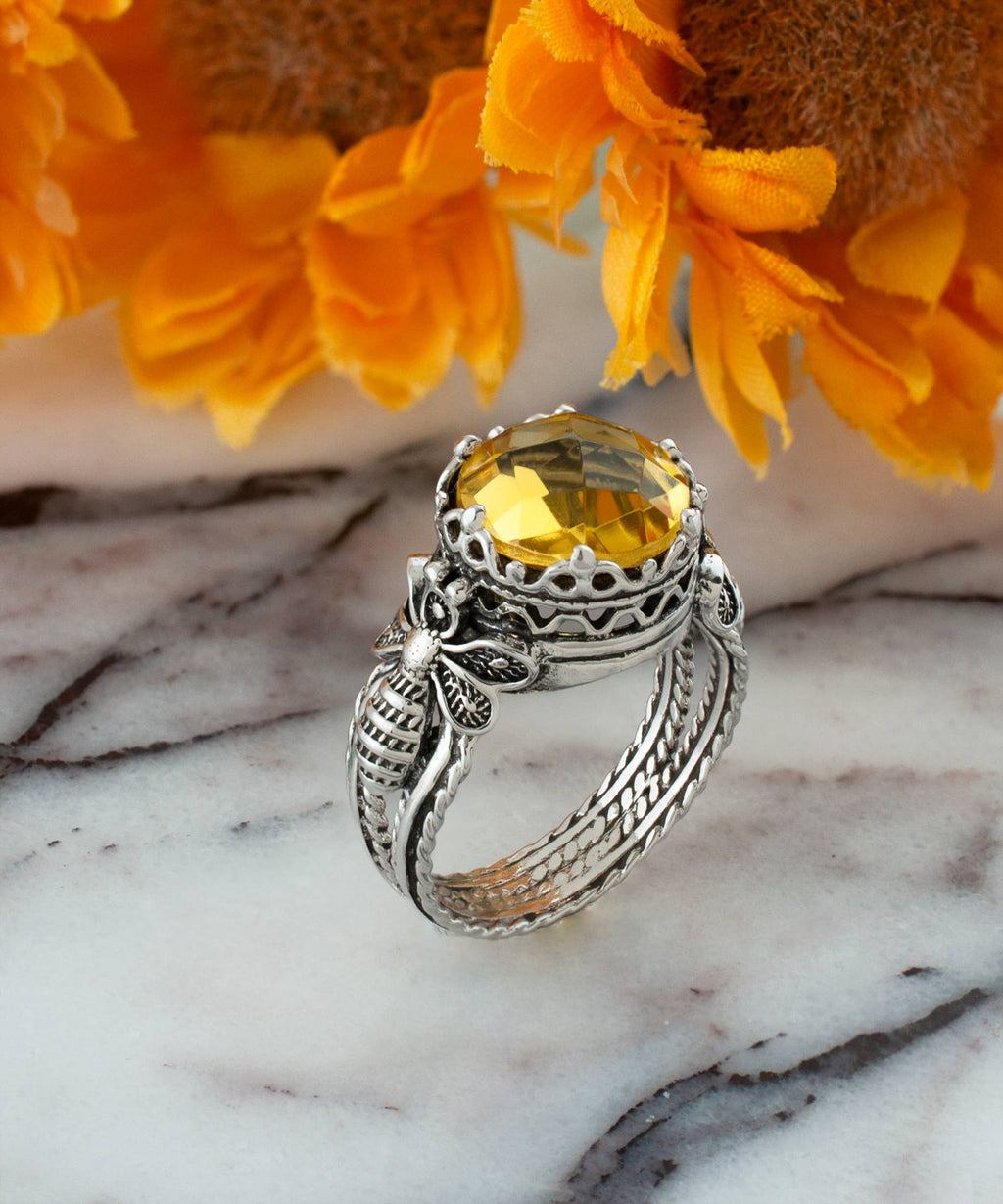 Art Bee Detailed Citrine Women Silver Ring: 7