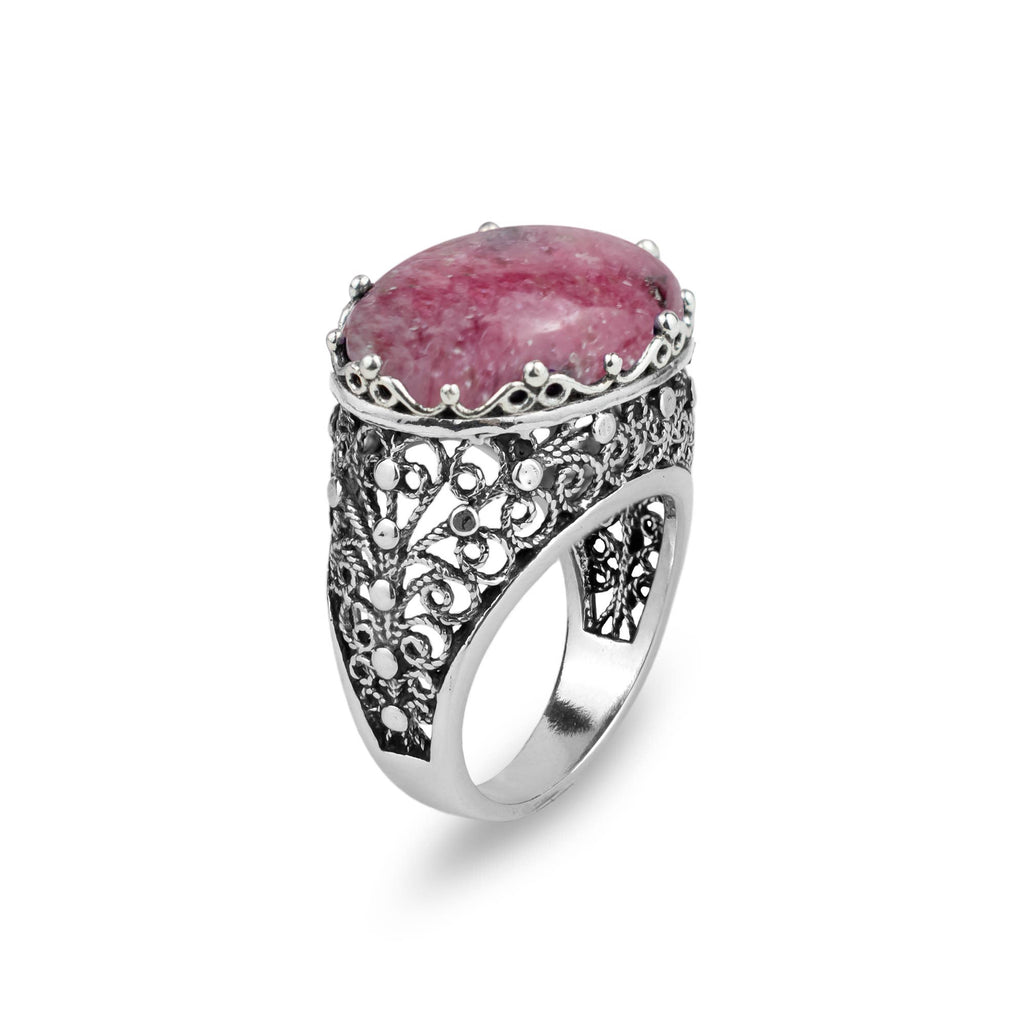 Art Rhodonite Gemstone Woman Sterling Silver Dome Ring: Rhodonite / 7