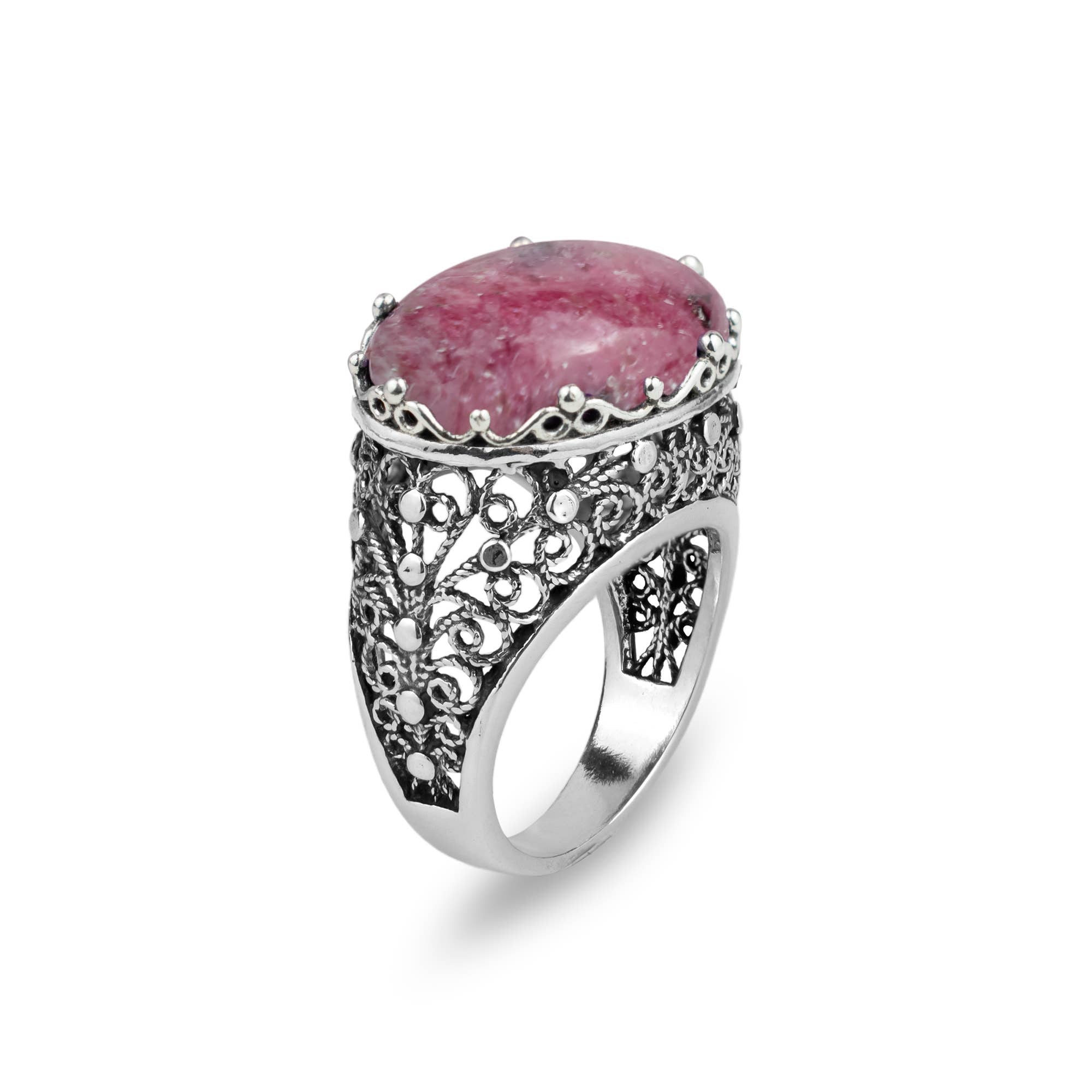 Art Rhodonite Gemstone Woman Sterling Silver Dome Ring: Rhodonite / 7