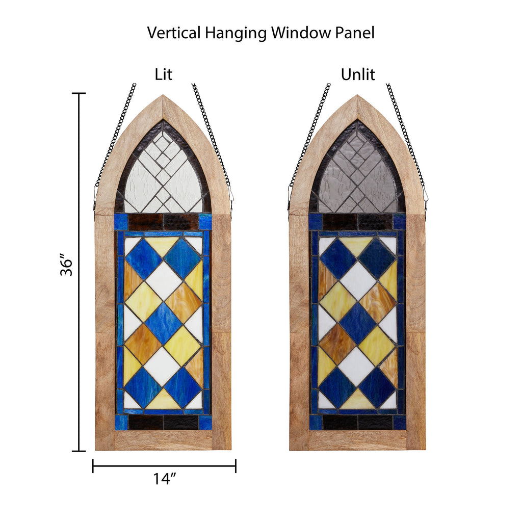 36"H Victorian Checkerboard Stained Glass Window Panel