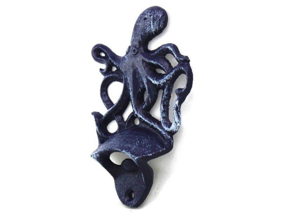 Rustic Dark Blue Cast Iron Wall Mounted Octopus Bottle Opener 6"