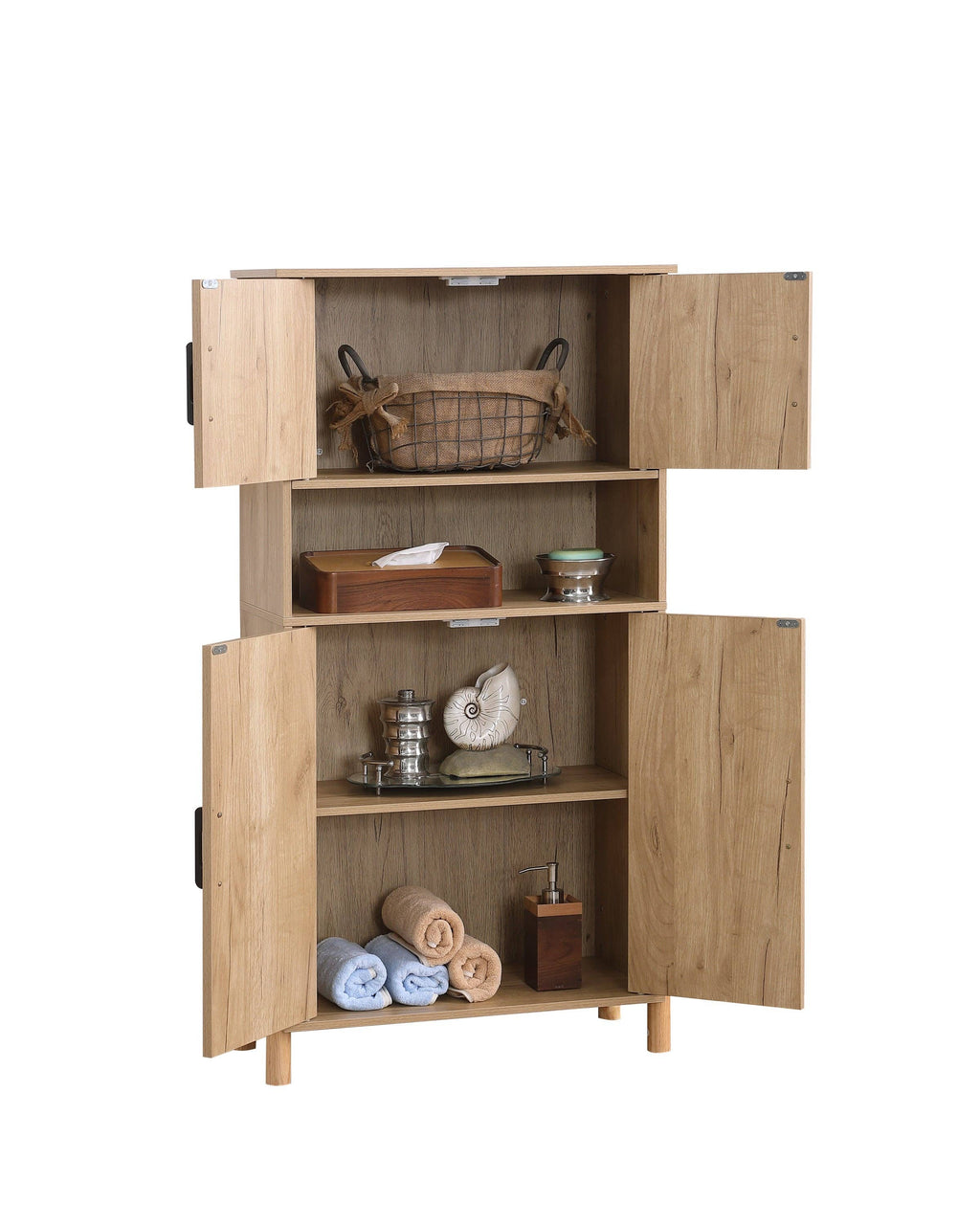 Mid-Century Modern 4-Door Storage Cabinet with Rattan Doors