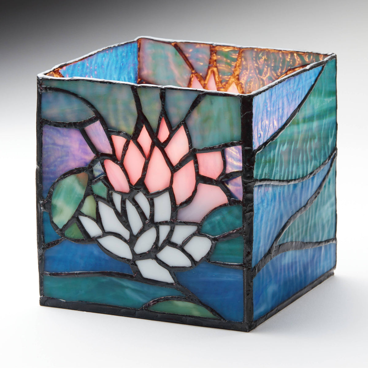 4.75" Blue Lotus Pond Stained Glass Candle Holder