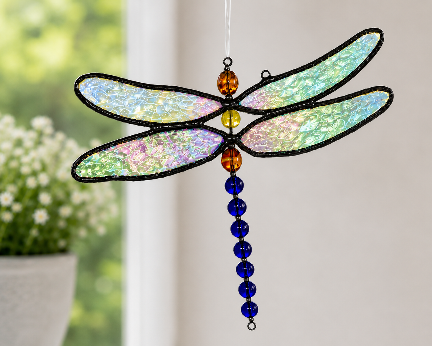 J Devlin Stained Glass Dragonfly Ornament with Beaded Body