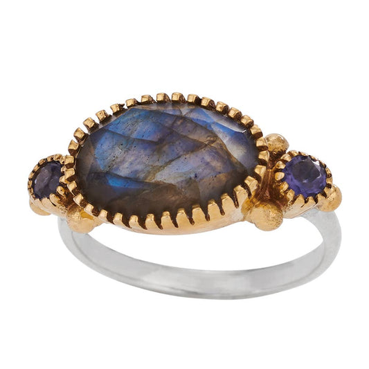 Labradorite and Iolite Sterling Silver and Brass Ring: 7