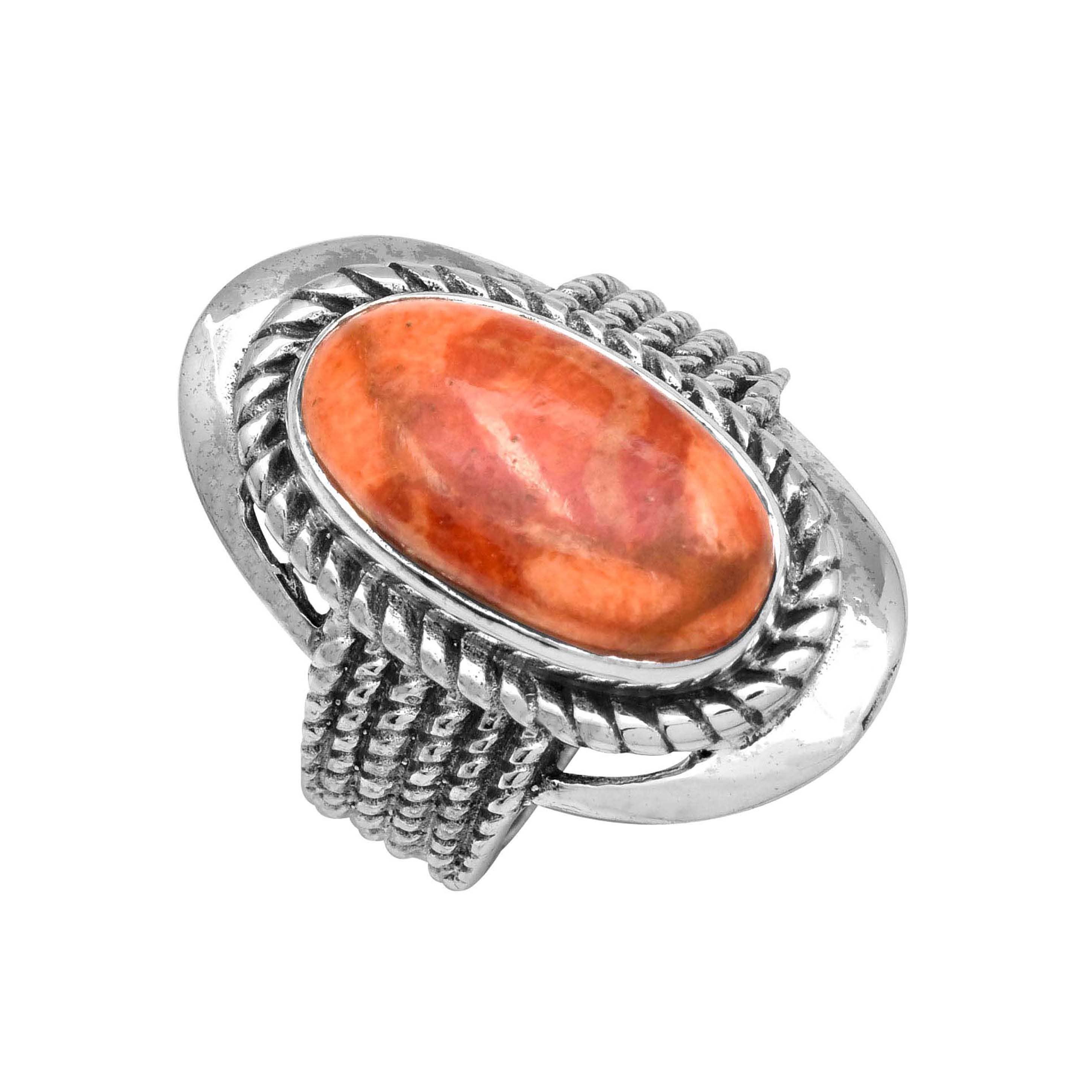 925 Sterling Silver Orange Mohave Turquoise Textured Ring: 7