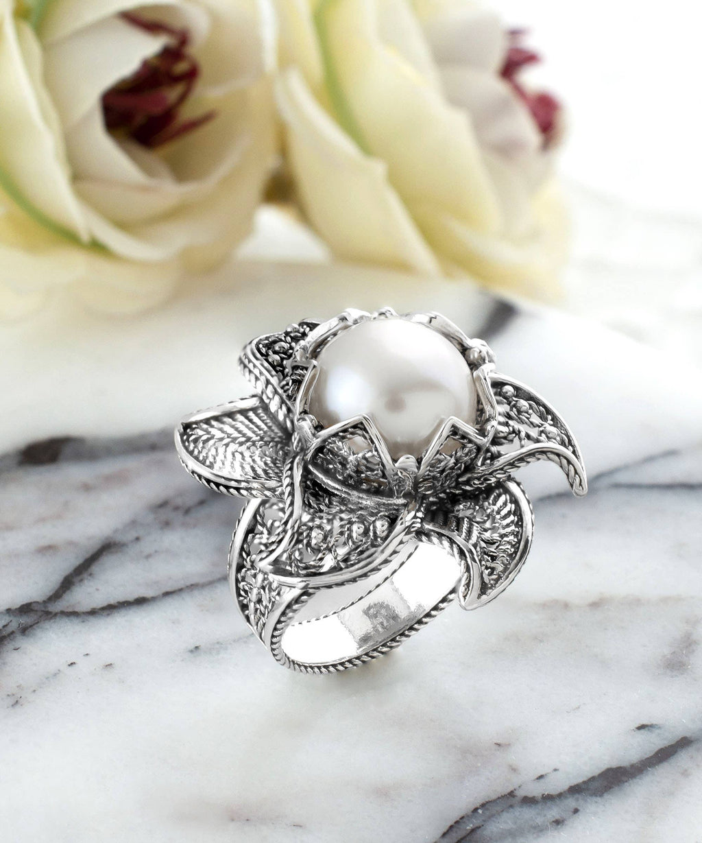 Art Lotus Flower Fresh Water Pearl Women Silver Ring: 8