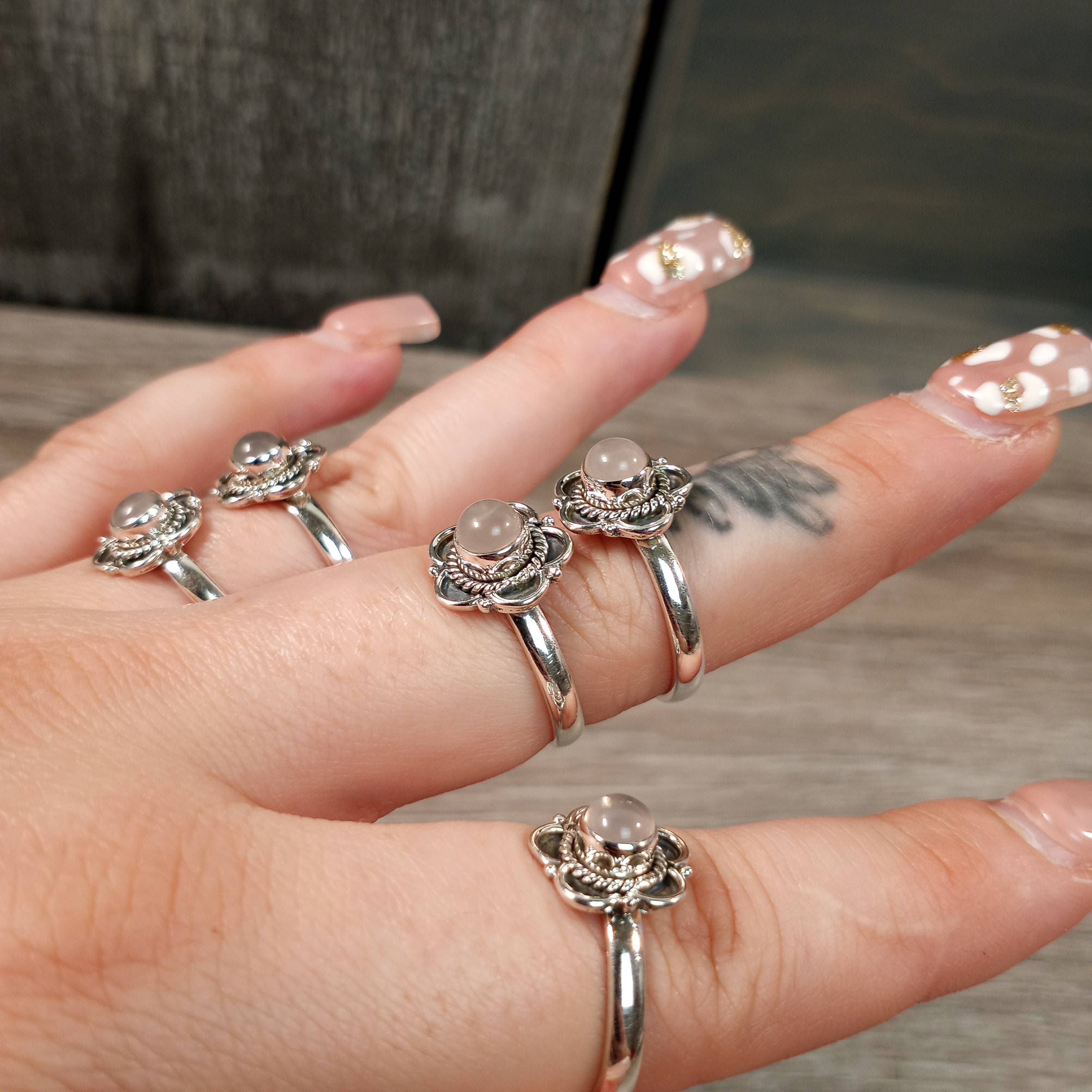 Sterling Silver Boho Flower: Rose Quartz / 8