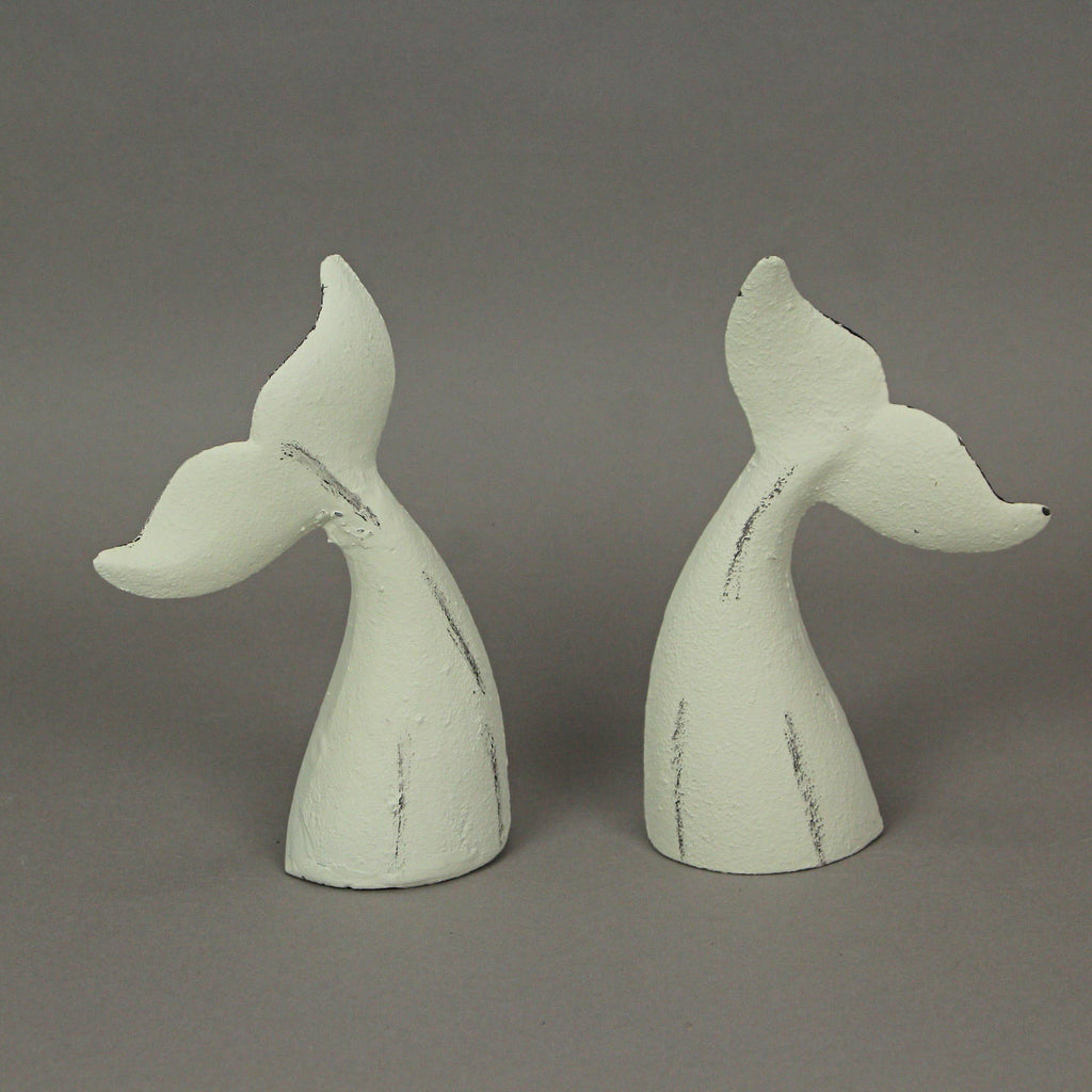 Set of 2 White Cast Iron Whale Tail Bookends