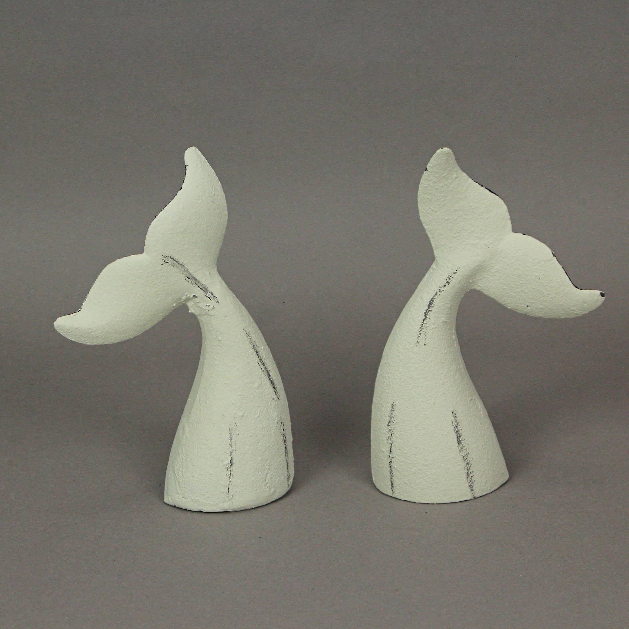 Set of 2 White Cast Iron Whale Tail Bookends