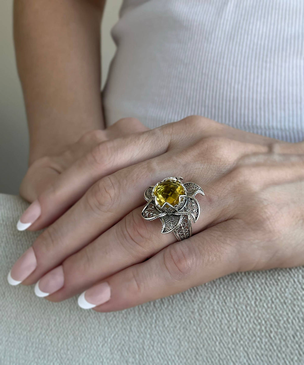 Art Lotus Flower Citrine Gemstone Women Silver Ring: 7