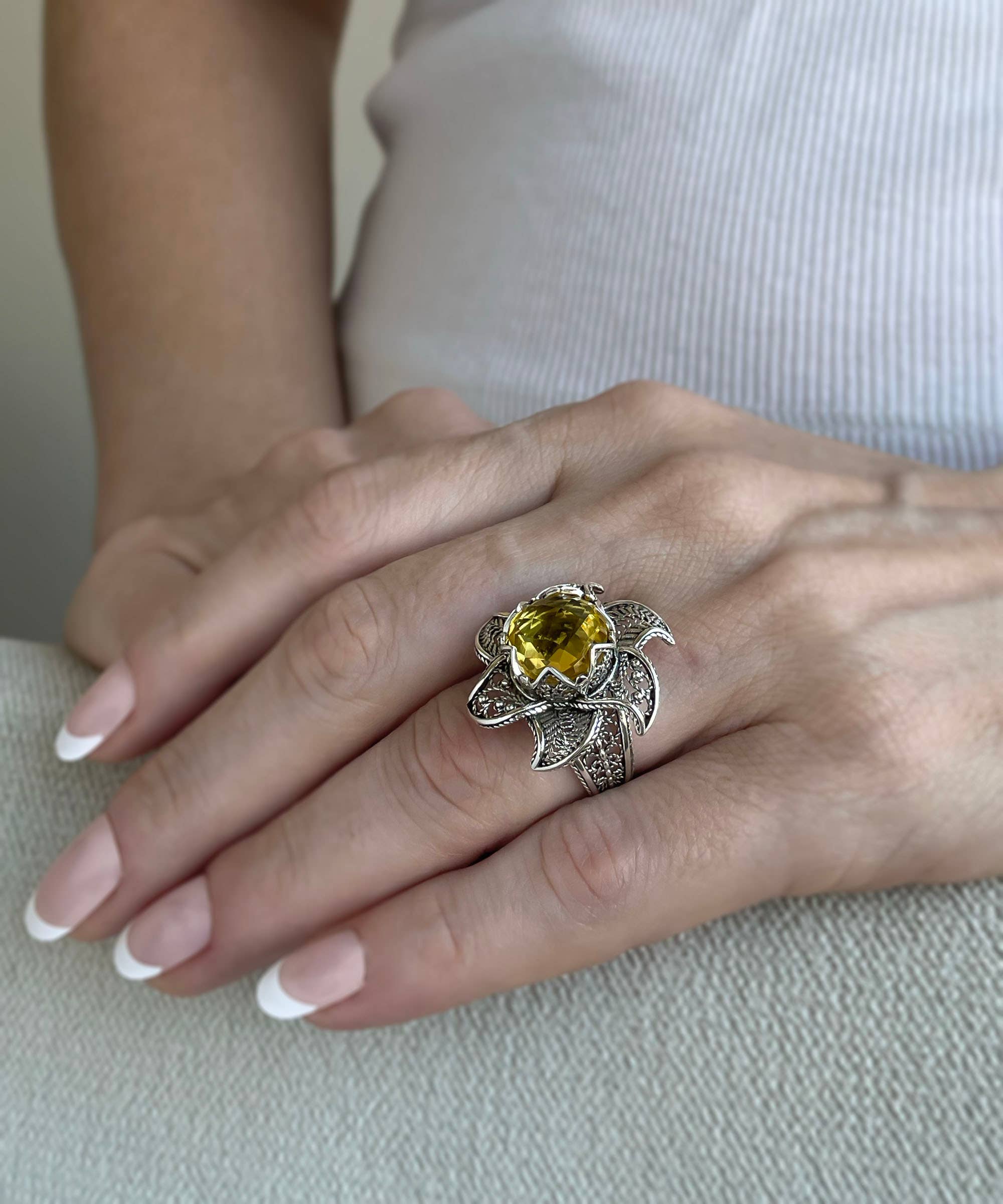 Art Lotus Flower Citrine Gemstone Women Silver Ring: 7