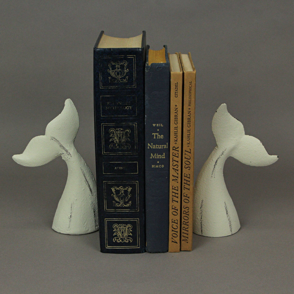 Set of 2 White Cast Iron Whale Tail Bookends
