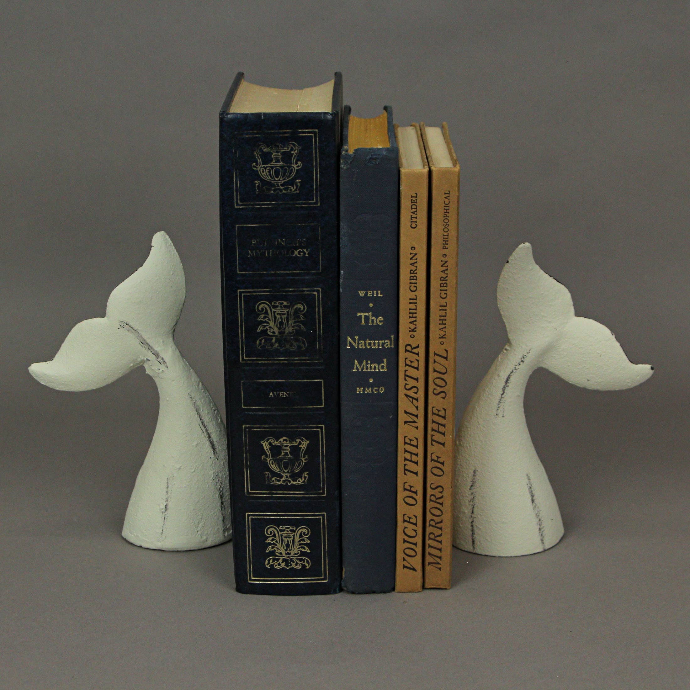 Set of 2 White Cast Iron Whale Tail Bookends