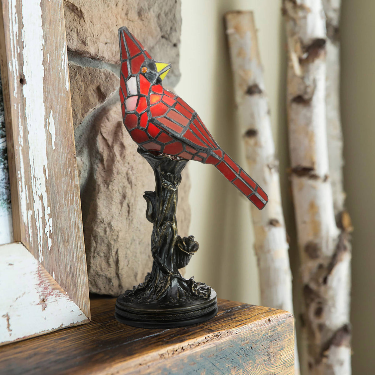 13.5" Skylar Cardinal Red Bird Stained Glass Accent Lamp