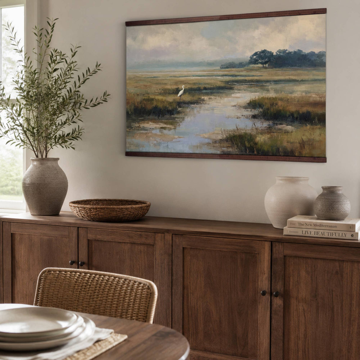 Marsh Egret Wall Art Canvas– Coastal Landscape: 32''Hx48''W