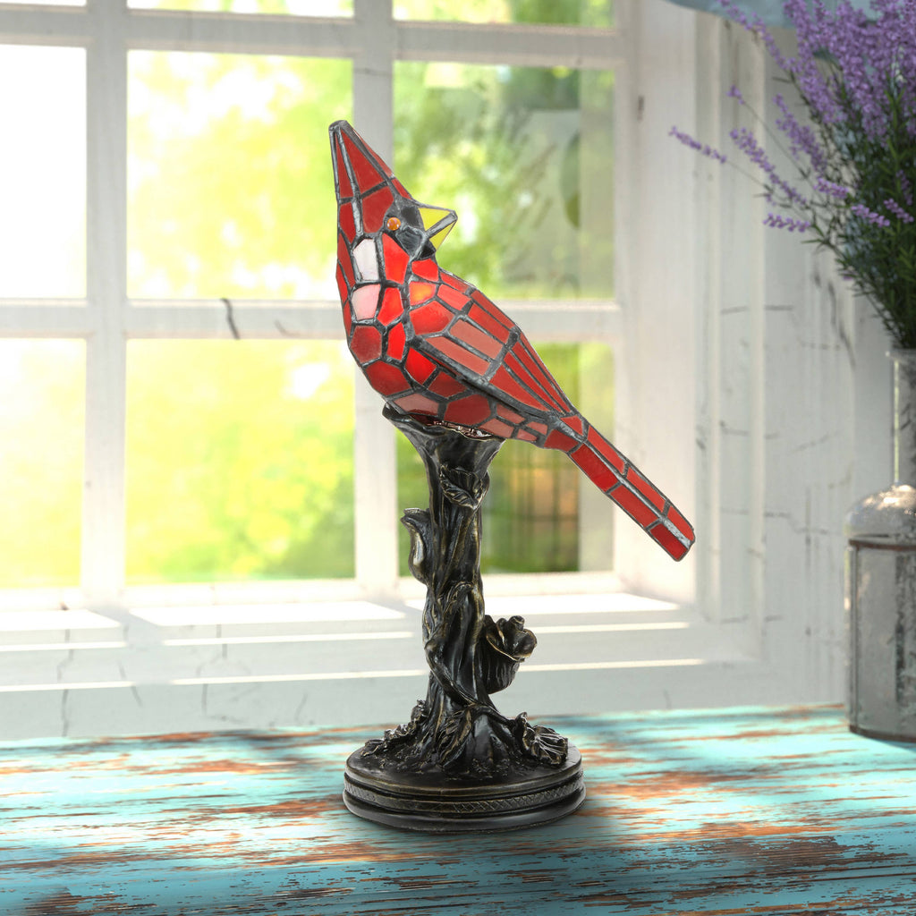 13.5" Skylar Cardinal Red Bird Stained Glass Accent Lamp